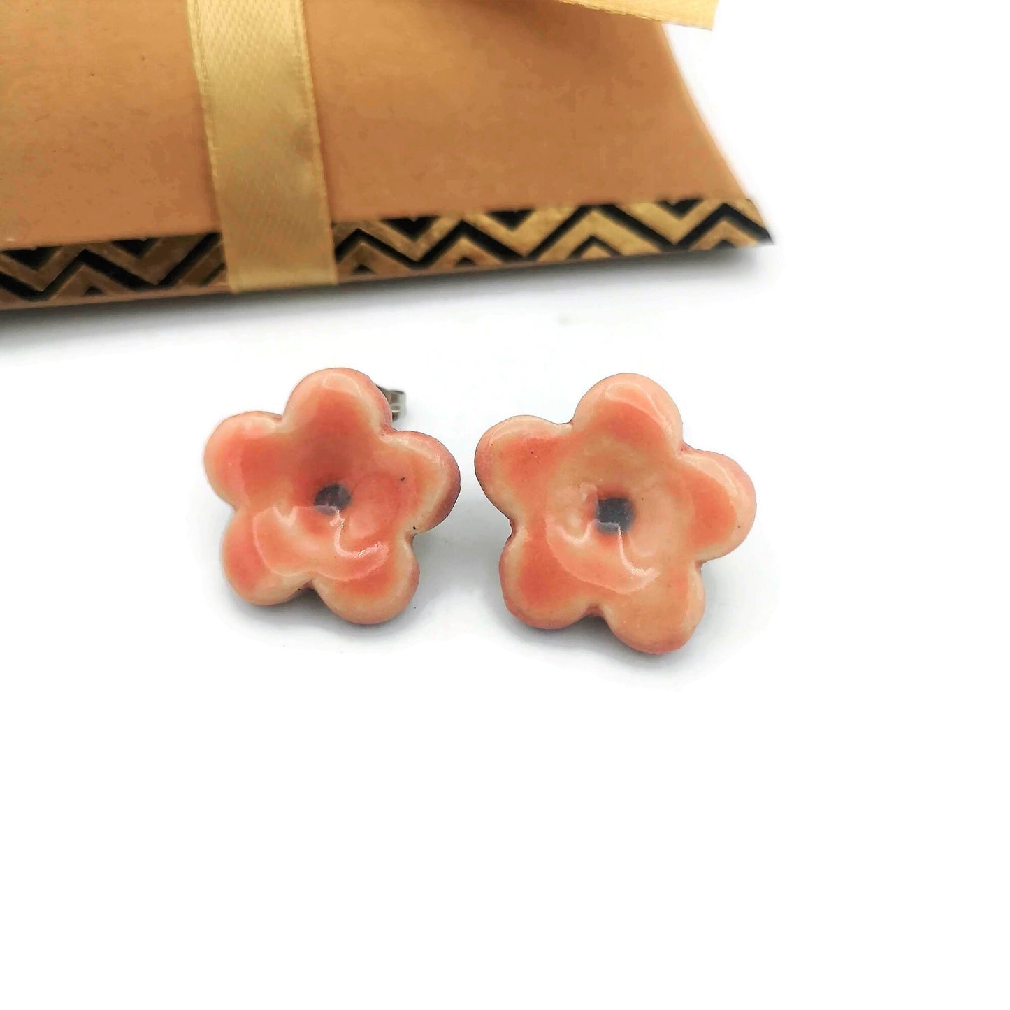 Pink Flower Stud Earrings, Ceramic Dainty Earrings Cute Jewelry For Teen Girl Gifts, Small Clay Boho Designer Earrings, Best Gifts For Her - Ceramica Ana Rafael