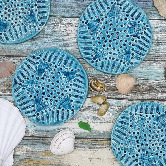 Handmade Modern Ceramic Round Coasters, Blue Textured Aesthetic Office Desk Accessories For Men, Housewarming Gift First Home - Ceramica Ana Rafael