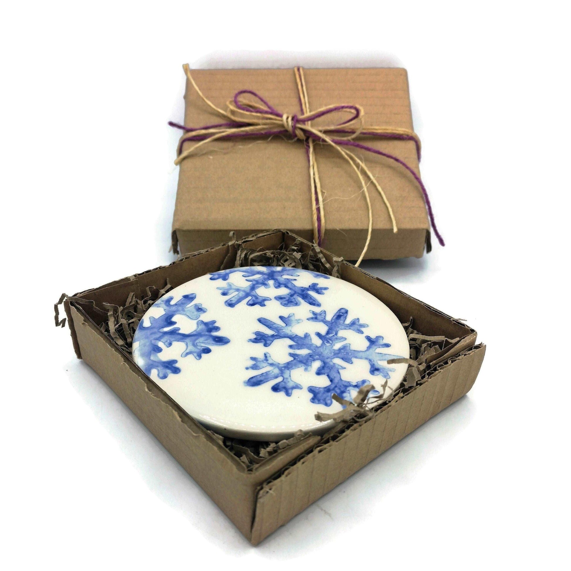 1Pc Handmade Ceramic Coaster Round with Hand-Painted Blue Snowflakes and Cork Backing - Durable and Stylish Christmas Home Decor Accessory