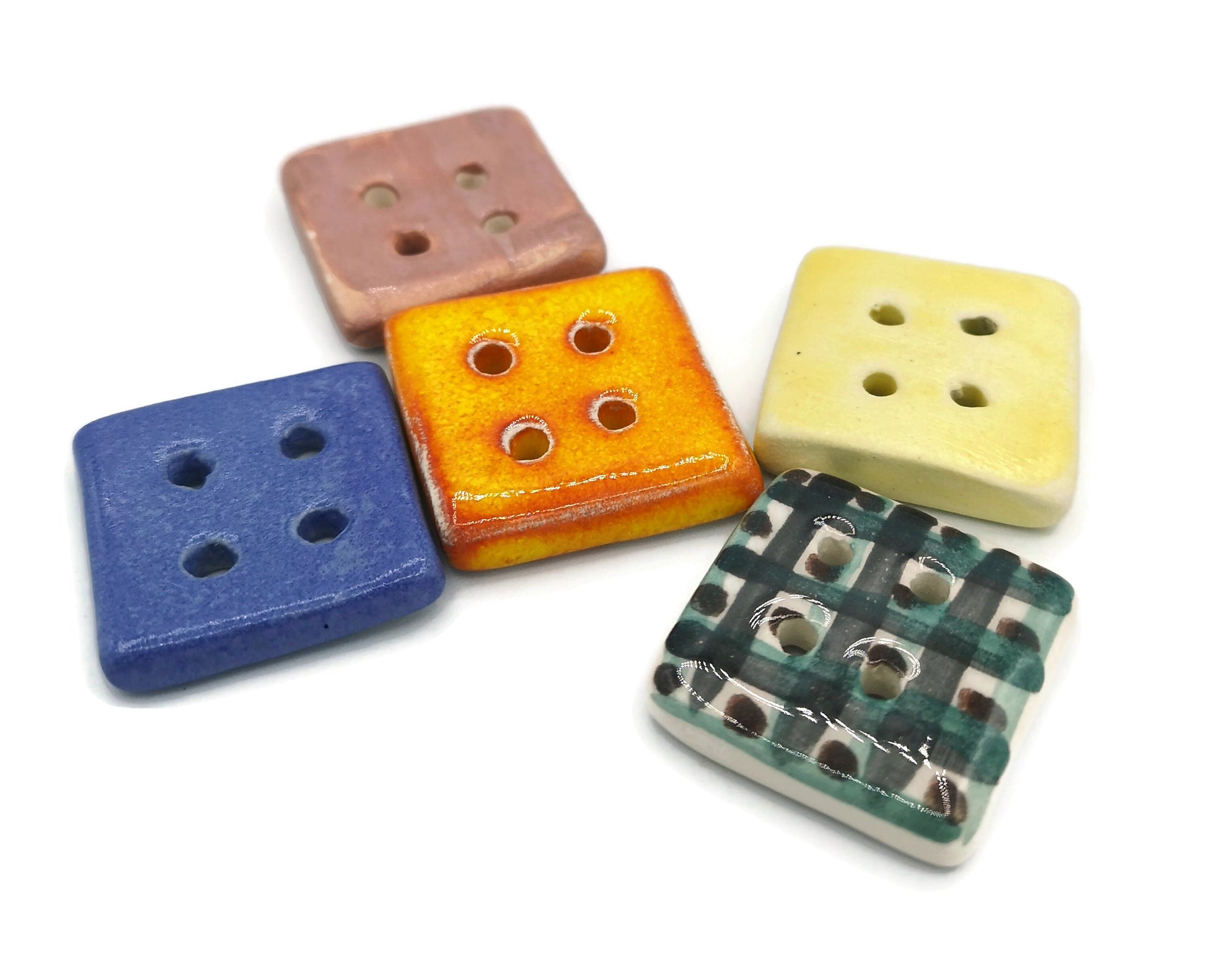 5Pc 30mm Extra Large Sewing Buttons Square Shape 4 Holes Flat Back, Unique Colorful Handmade Ceramic Buttons With Hand Painted Glossy Glaze - Ceramica Ana Rafael