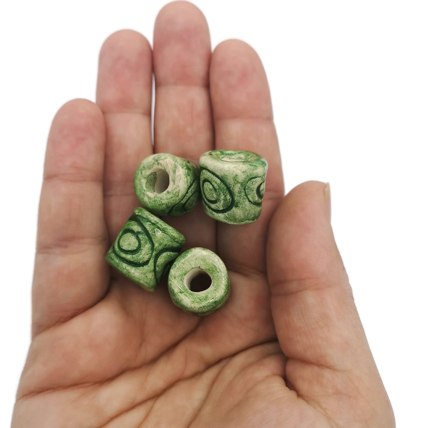 4Pc 15mm Green Macrame Tube Beads Large Hole, Barrel Beads For Jewelry Making, Handmade Ceramic Beads For Decorating Or Crafting, Clay Beads - Ceramica Ana Rafael