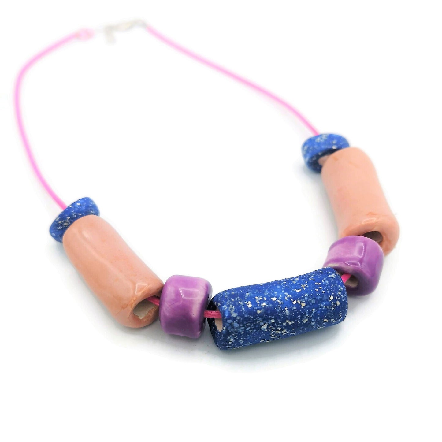 Pink and Blue Everyday Necklace, Boho Statement Necklace, Trendy Beaded Necklace Best Gifts For Her, Colorful Aesthetic Mothers Day Gift - Ceramica Ana Rafael