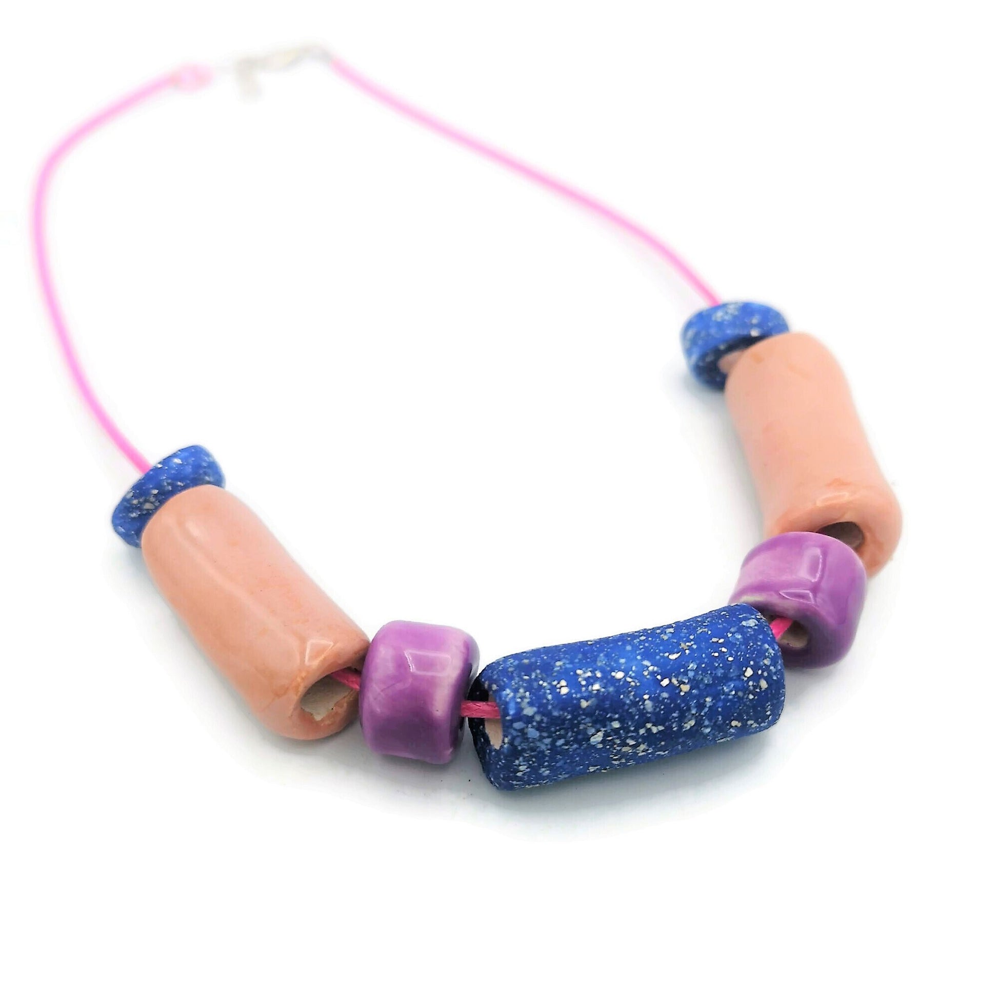 Pink and Blue Everyday Necklace, Boho Statement Necklace, Trendy Beaded Necklace Best Gifts For Her, Colorful Aesthetic Mothers Day Gift - Ceramica Ana Rafael