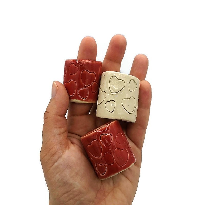 CERAMIC TUBE BEADS For Macrame, 1Pc 35mm Long Large Hole Beads With Heart Design For Valentines Day Decor - Ceramica Ana Rafael