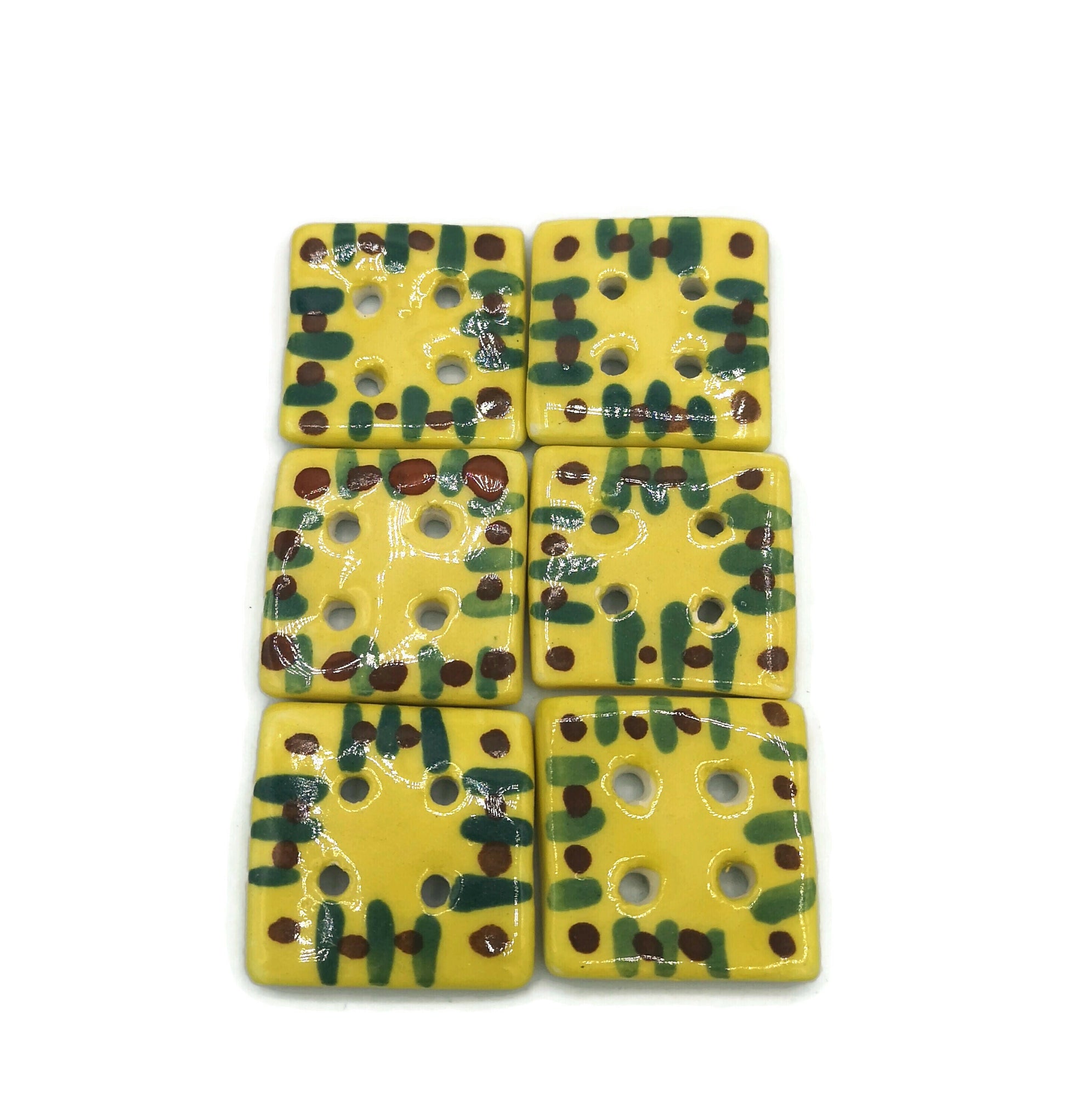 6Pc 30mm Extra Large Square Sewing Buttons Hand Painted, Handmade Ceramic Novelty Buttons For Coat Or Crafts, Yellow Custom Buttons - Ceramica Ana Rafael