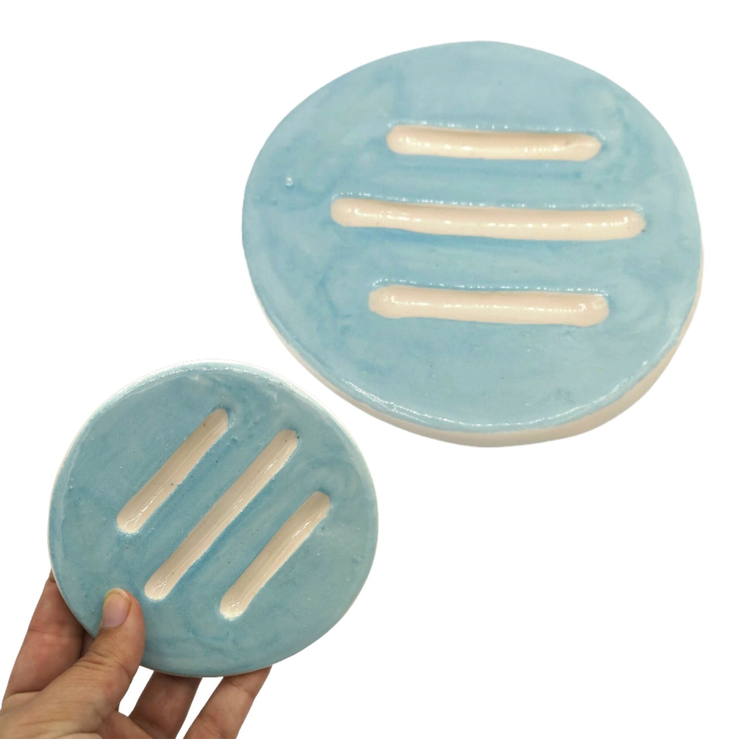 Handmade Ceramic Blue Round Soap Dish With Drain, Draining Soap Bar Holder, Clay Tray, Sustainable Bathroom Accessories - Ceramica Ana Rafael