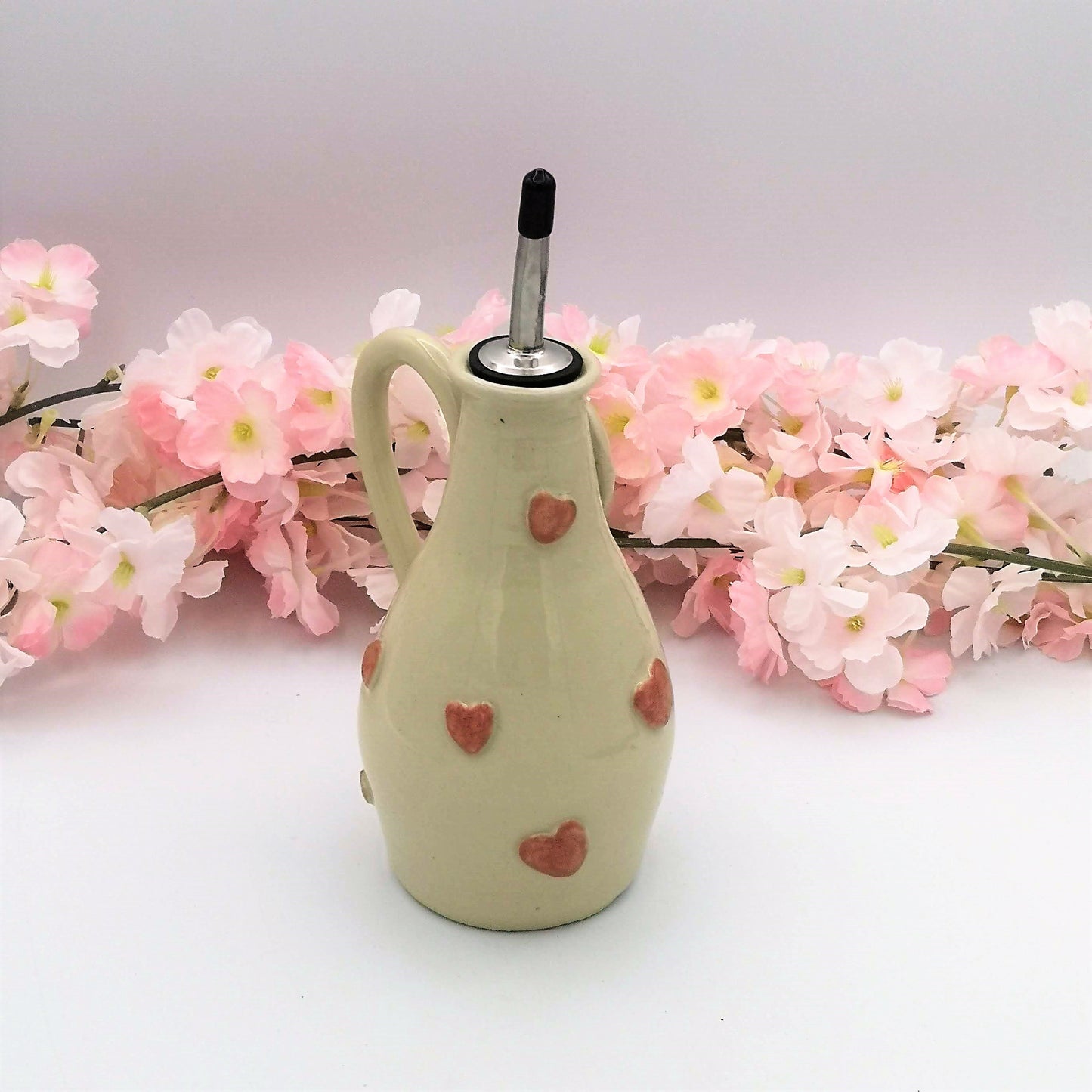 Handmade Ceramic Beige With Pink Hearts Olive Oil Dispenser, Stoneware Pottery Olive Oil Cruet, Decorative Bottles, Mothers Day Cooking Gift - Ceramica Ana Rafael