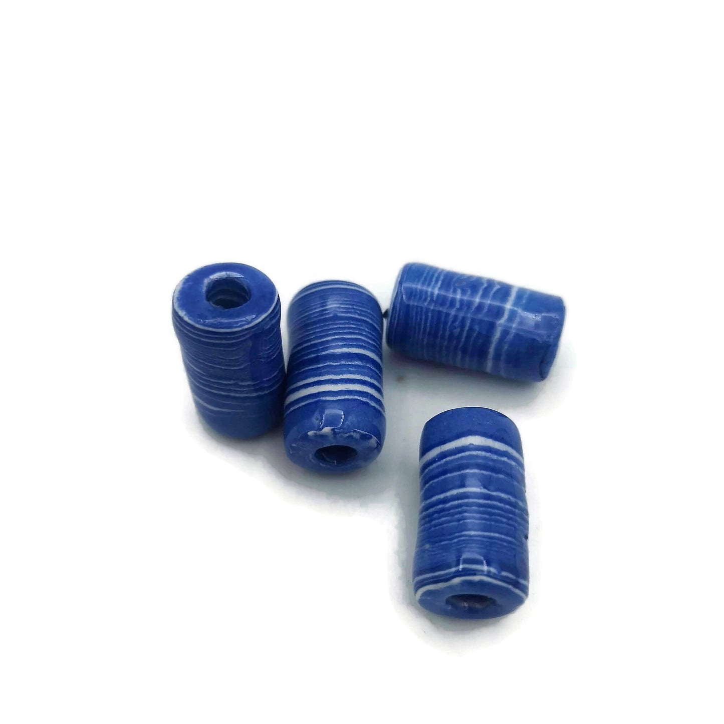 4 Pc Large Ceramic Tube Beads for Macrame Jewelry Making, Artisan Blue Beads 4mm Hole, Beard Beads for Hair Braid - Ceramica Ana Rafael