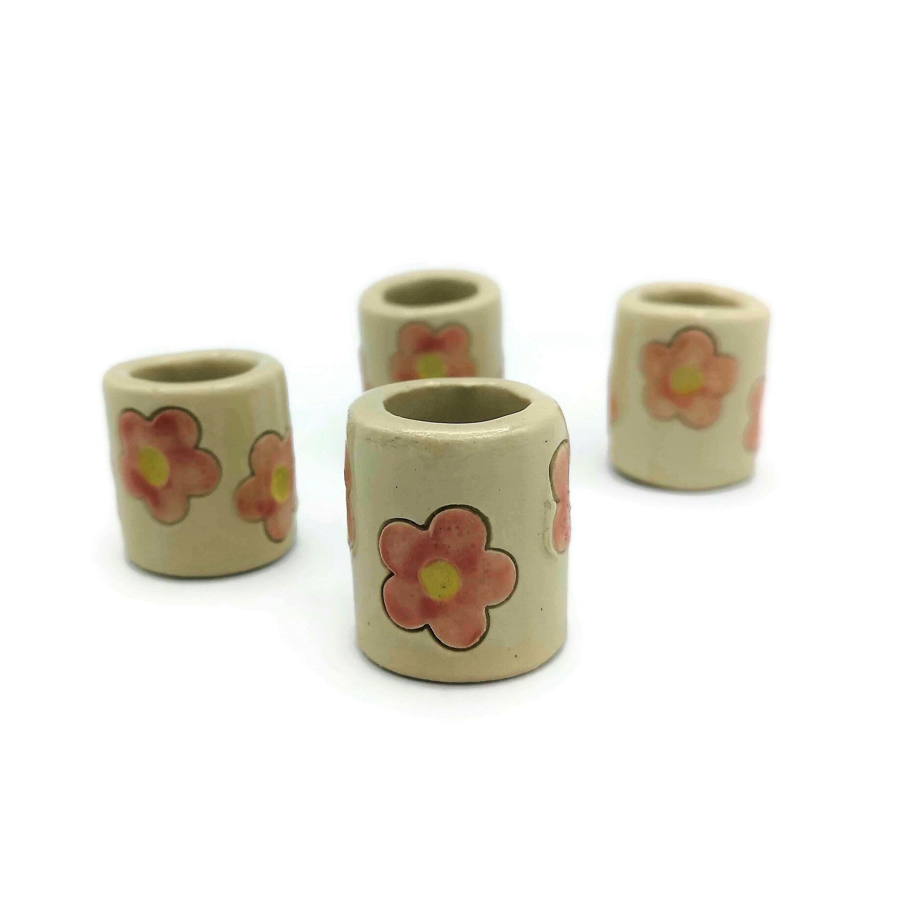 4Pc Hand Painted Flower Extra Large Tube Beads, Unique Clay Beads, 35mm Long Ceramic Beads, Decorative Macrame Beads Large Hole - Ceramica Ana Rafael