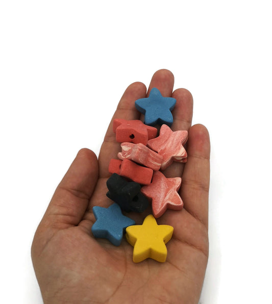 9Pc 25mm Assorted Large Star Ceramic Beads For Colorful Jewelry Making, Unique Matte Clay Beads, Unusual Macrame Beads Large Hole 2mm - Ceramica Ana Rafael