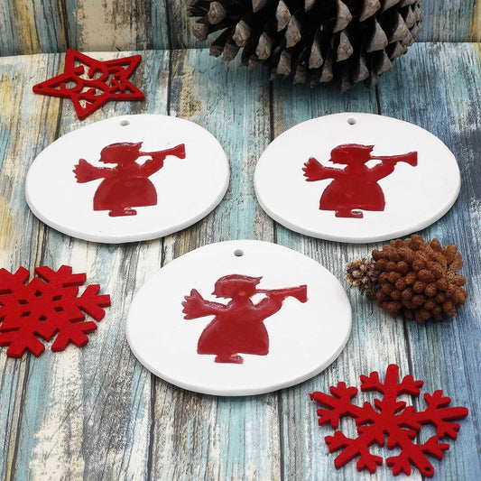 1Pc Handmade Ceramic Red and White Angel Wall Hanging, Round Christmas Tree Ornaments, Christian Wall Art, Pottery Nursery Wall Art
