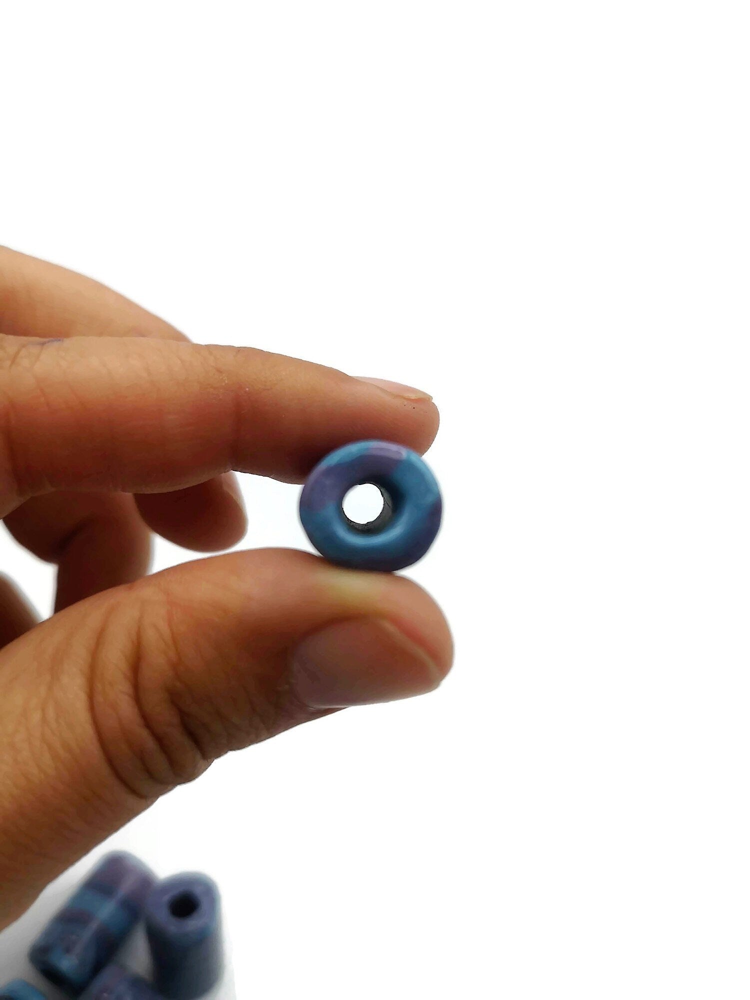 9 Pc Large Handmade Ceramic Tube Beads for Jewelry Making, Artisan Purple and Blue Macrame Beads 4mm Hole, Unique Beard Beads for Hair Braid - Ceramica Ana Rafael