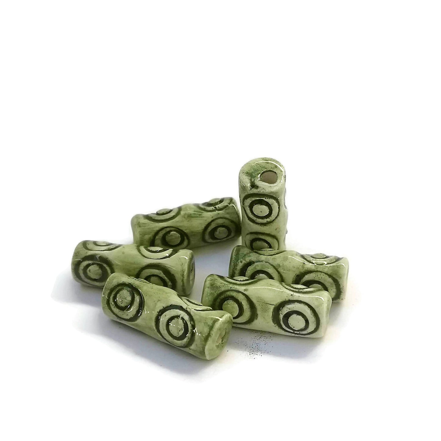 6 Pcs Unique Macrame Beads Large Hole 4 mm, Ceramic Tube Beads 30mm Long For Jewelry Making, Best Sellers Green Clay Beads - Ceramica Ana Rafael
