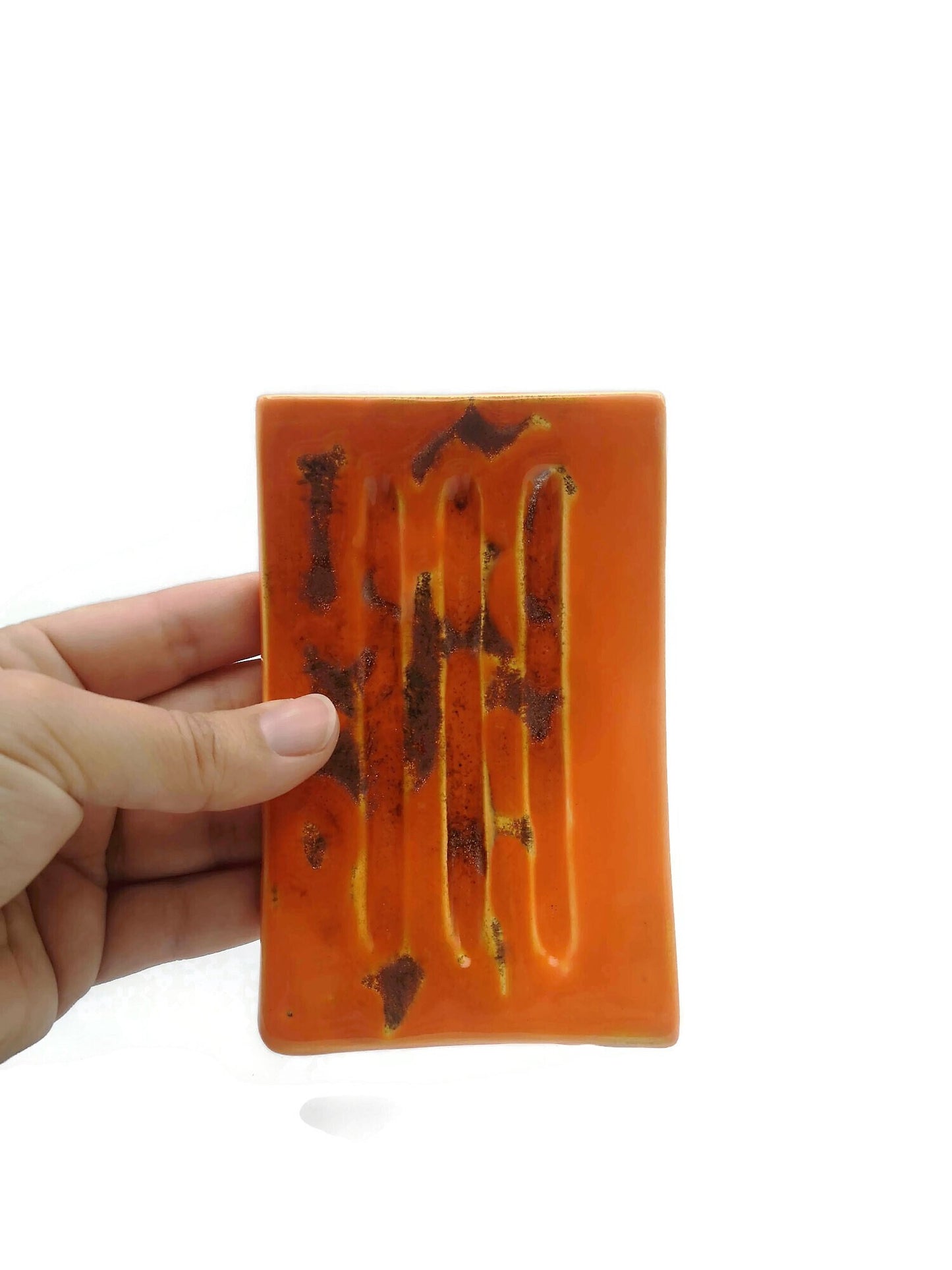 Handmade Ceramic Soap Dish Tray, Rectangle Drain Soap Saver, Artisan Sustainable Soap Bar Holder Orange w/ Copper Tones Bathroom Accessories - Ceramica Ana Rafael