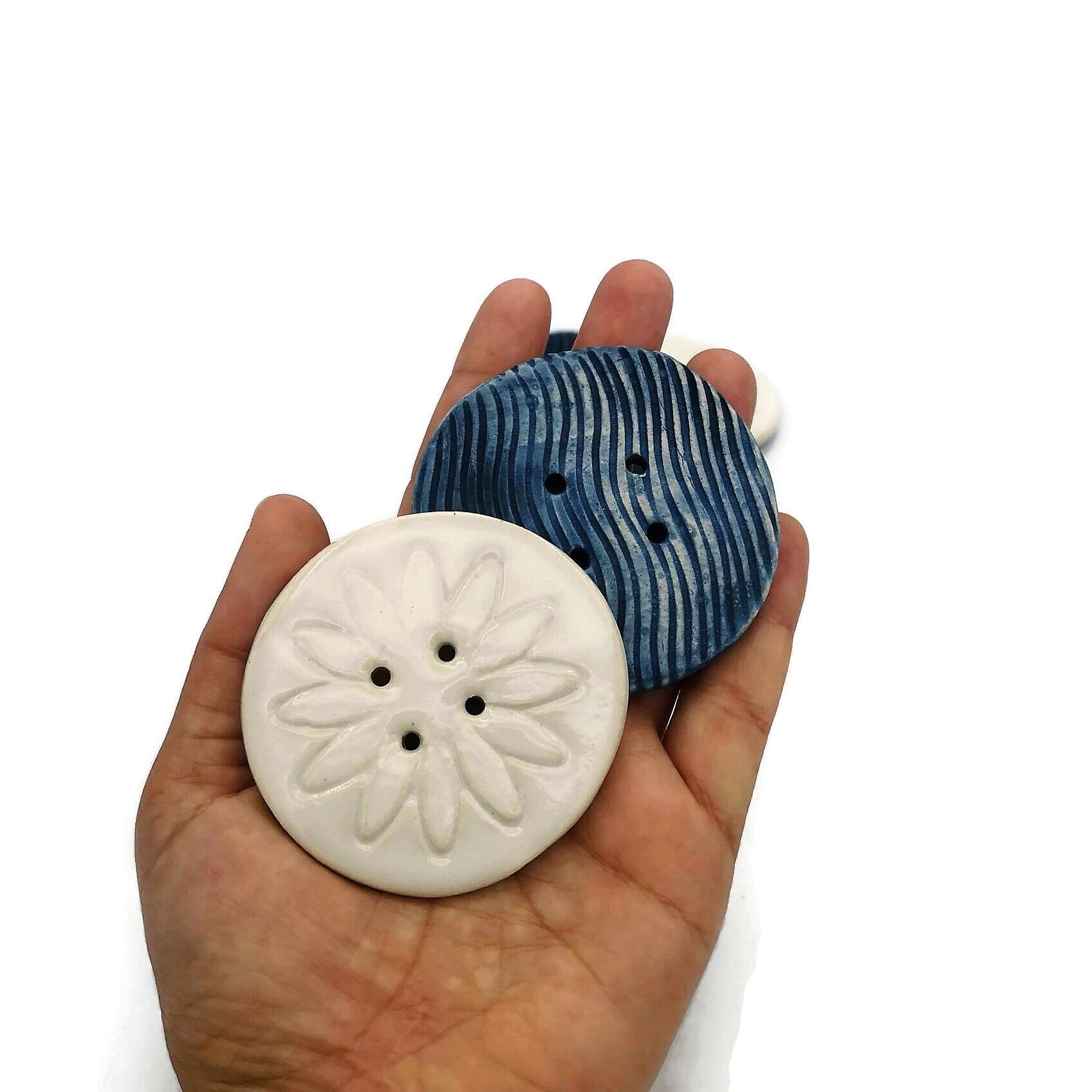 6Pc 65mm Giant Sewing Buttons, Handmade Ceramic Coat Buttons With Flower And Waves Design, Decorative Novelty Buttons for Crafts Extra Large - Ceramica Ana Rafael