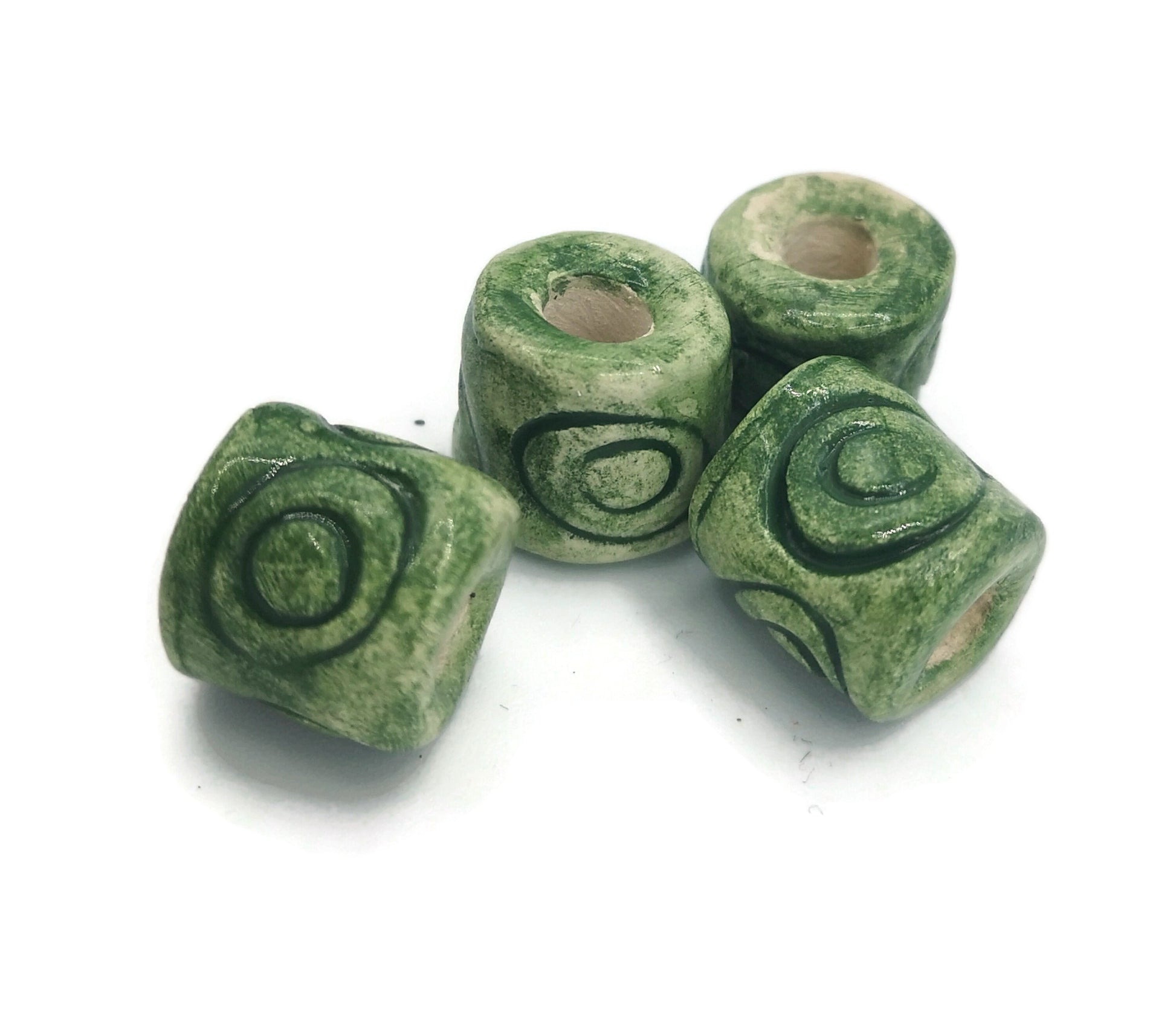 4Pc 15mm Green Macrame Tube Beads Large Hole, Barrel Beads For Jewelry Making, Handmade Ceramic Beads For Decorating Or Crafting, Clay Beads - Ceramica Ana Rafael