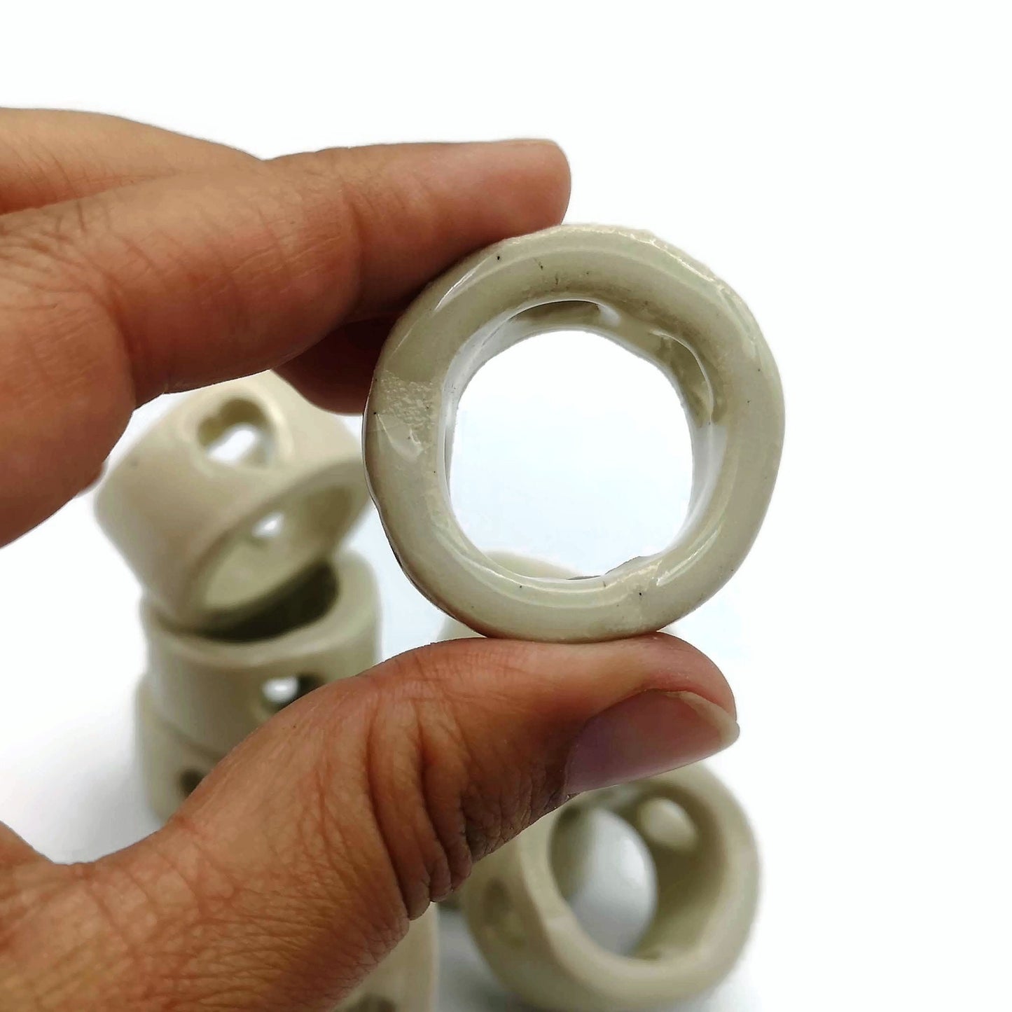 8Pc Extra Large Tube Beads, Handmade Ceramic Macrame Beads With Decorative Heart Shaped Holes - Ceramica Ana Rafael