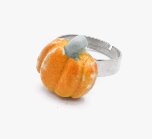 Handmade Ceramic Orange Pumpkin Statement Ring For Women, Stainless Steel Adjustable Ring For Halloween, Porcelain Fall Gifts For Her - Ceramica Ana Rafael