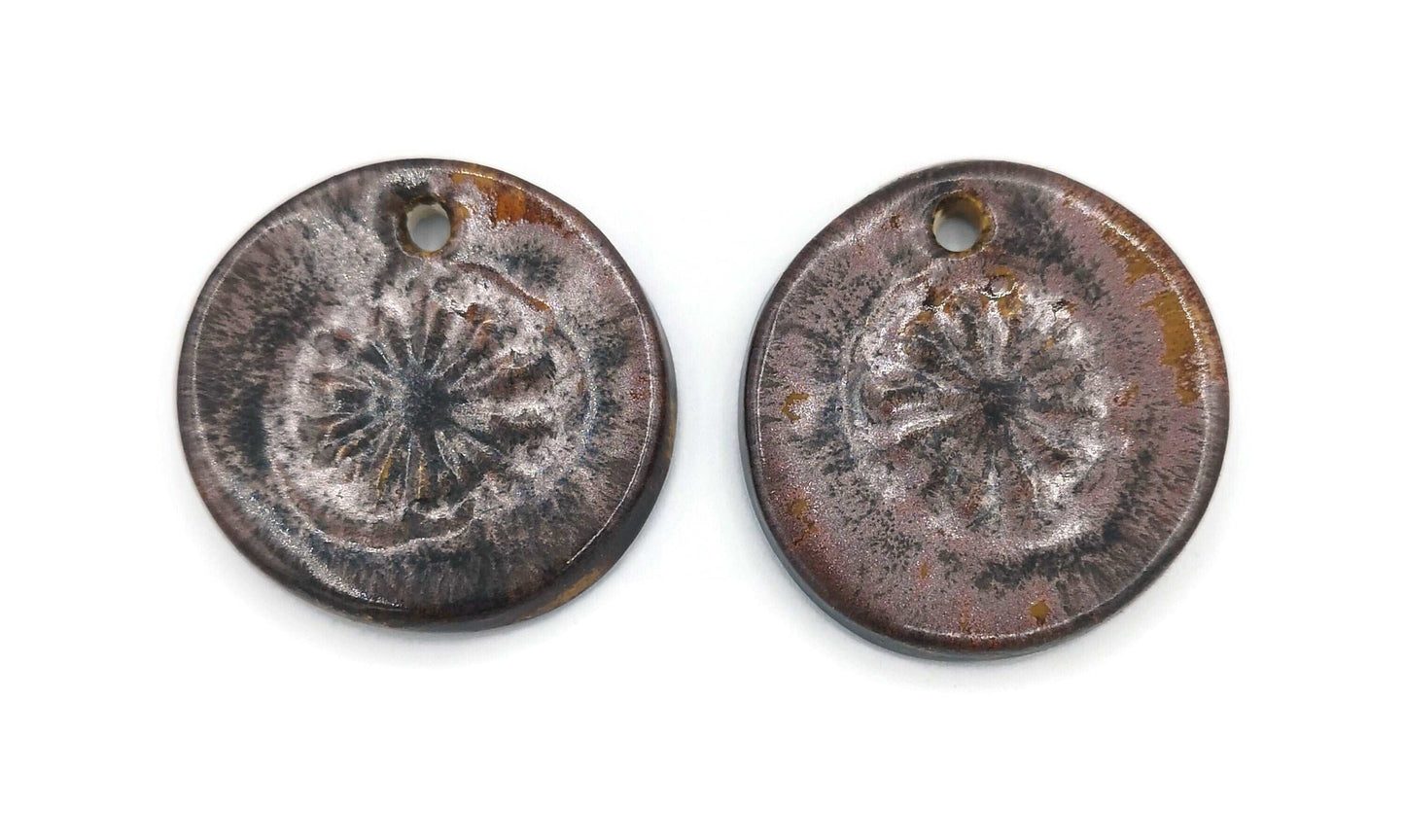 1Pc 40mm Extra Large Handmade Ceramic Necklace Pendant For Jewelry Making With Cooper Tones Poppy Design, Unique Clay Charm