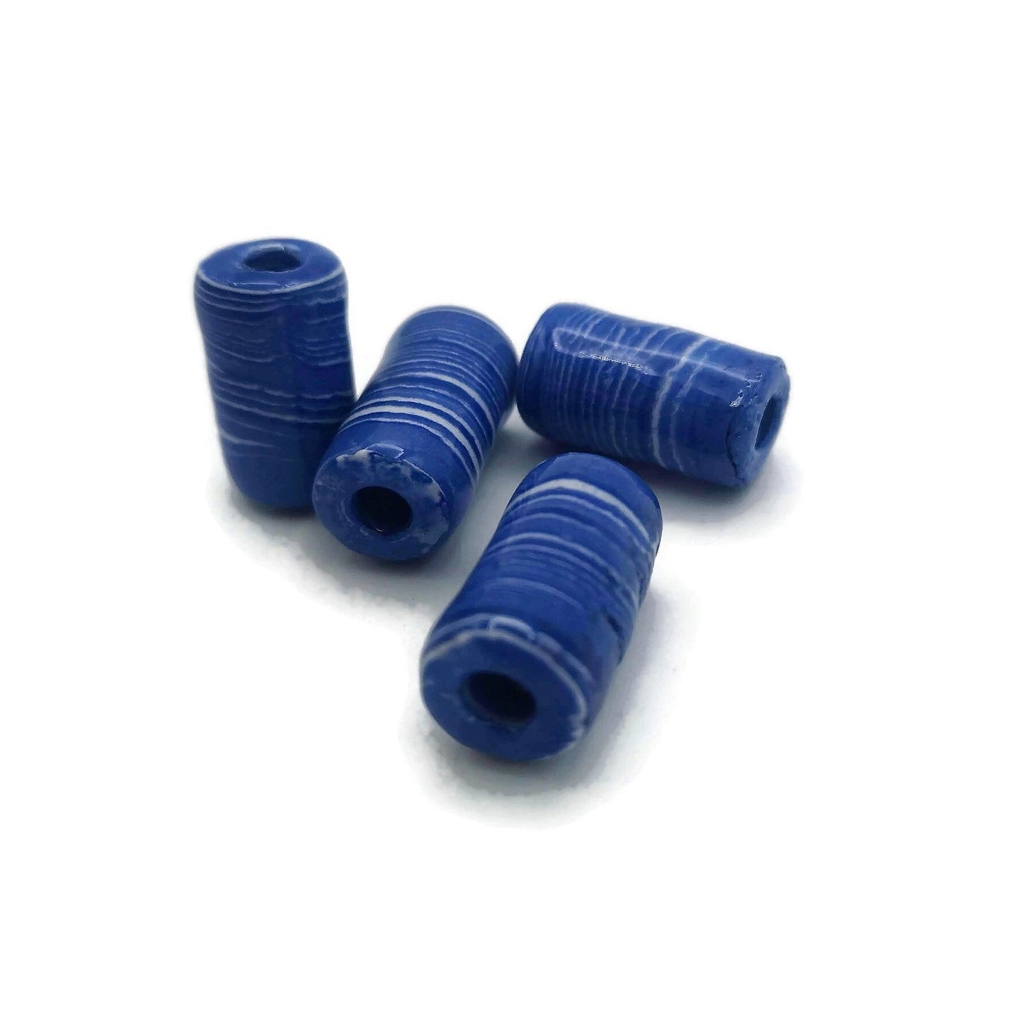 4 Pc Large Ceramic Tube Beads for Macrame Jewelry Making, Artisan Blue Beads 4mm Hole, Beard Beads for Hair Braid - Ceramica Ana Rafael