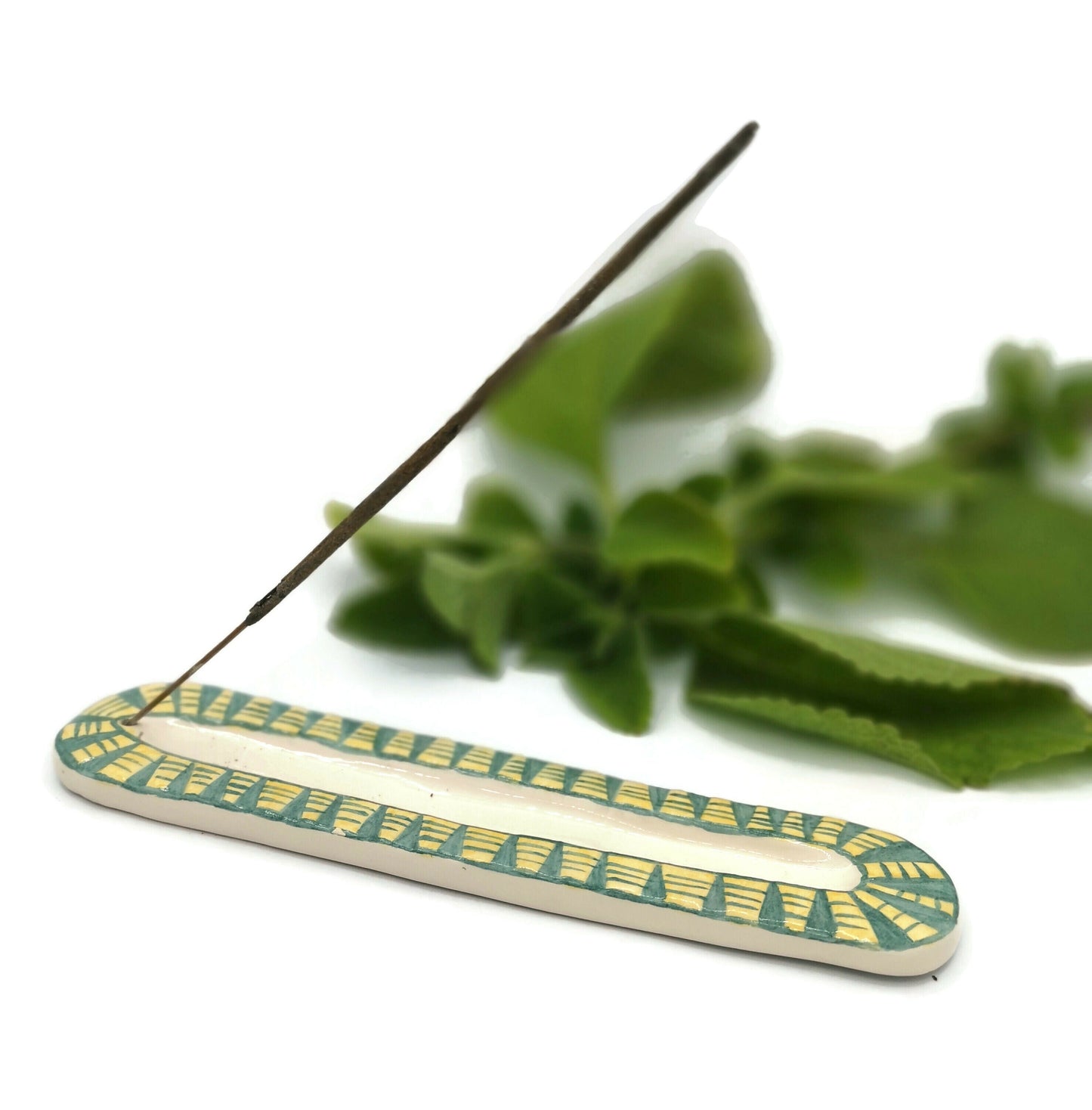 Handmade Ceramic Incense Stick Holder, Hand Pinted Green And Yellow Long Incense Tray, Artisan Portuguese Potery Gift Idea For Women - Ceramica Ana Rafael