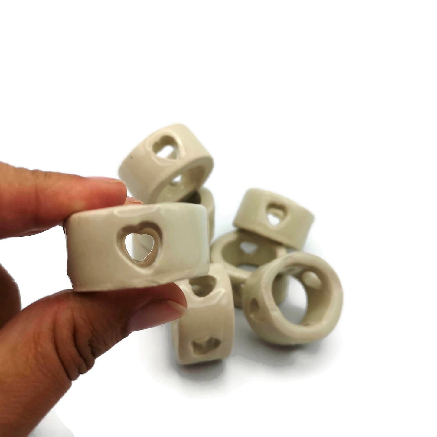 8Pc Extra Large Tube Beads, Handmade Ceramic Macrame Beads With Decorative Heart Shaped Holes - Ceramica Ana Rafael