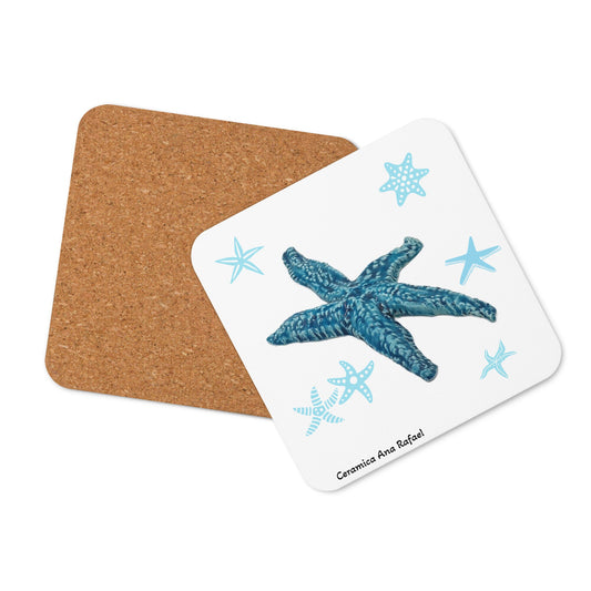 1Pc Blue Starfish MDF Cork-back Coaster With Printed Handmade Ceramic Starfish, Square With Rounded Corners, Office Desk Accessories For Him