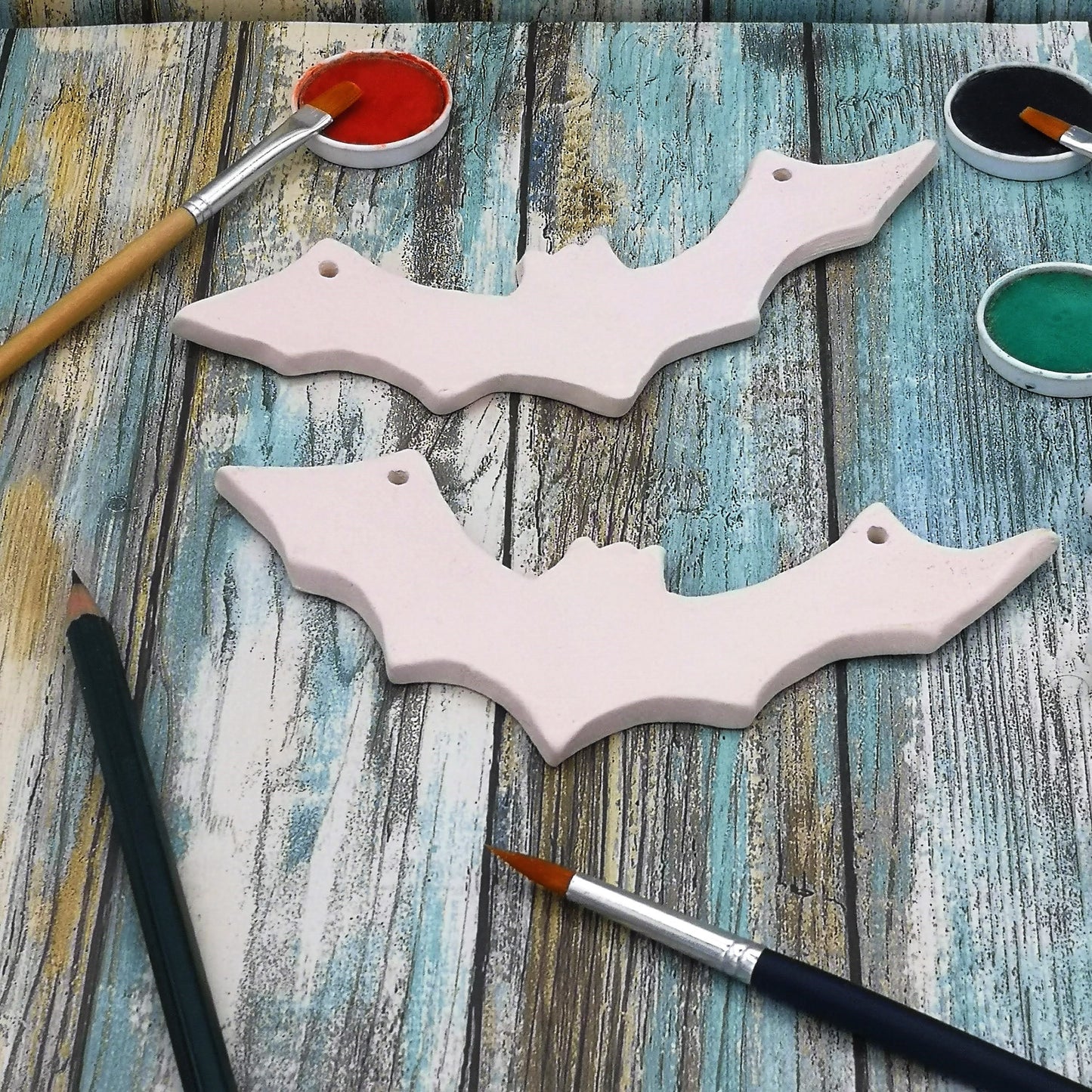 Bat Decor Wall Hanging, set of 2 Clay Ornaments Blank, Halloween Handmade Ceramic Bisque Ready To Paint, Best Sellers Diy Craft Kit - Ceramica Ana Rafael
