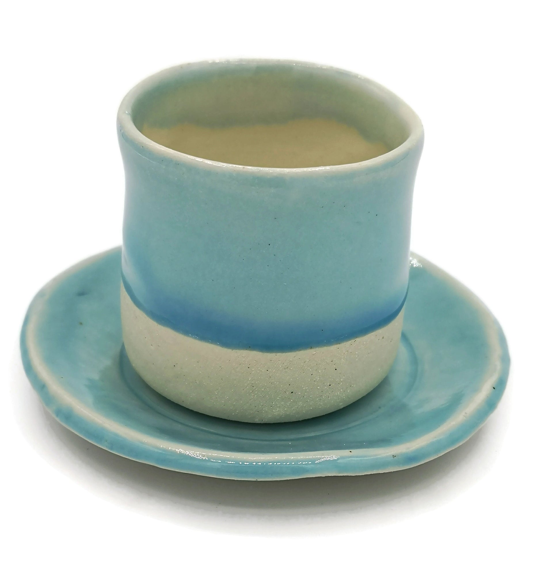 Handmade Ceramic Espresso Cup, Turquoise Blue Stoneware Mug Without Handle, Dishwasher Safe Coffee Cup And Saucer, Unique Best Gifts For Him - Ceramica Ana Rafael