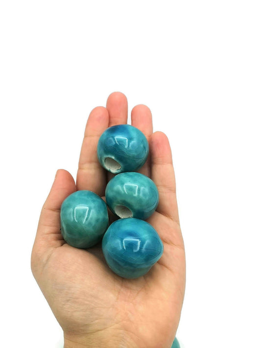 1Pc Oriental Blue Artisan Ceramic Macrame Beads Large Hole, Handmade Unique Clay Beads For Jewelry Making Supplies, Focal Point Beads - Ceramica Ana Rafael