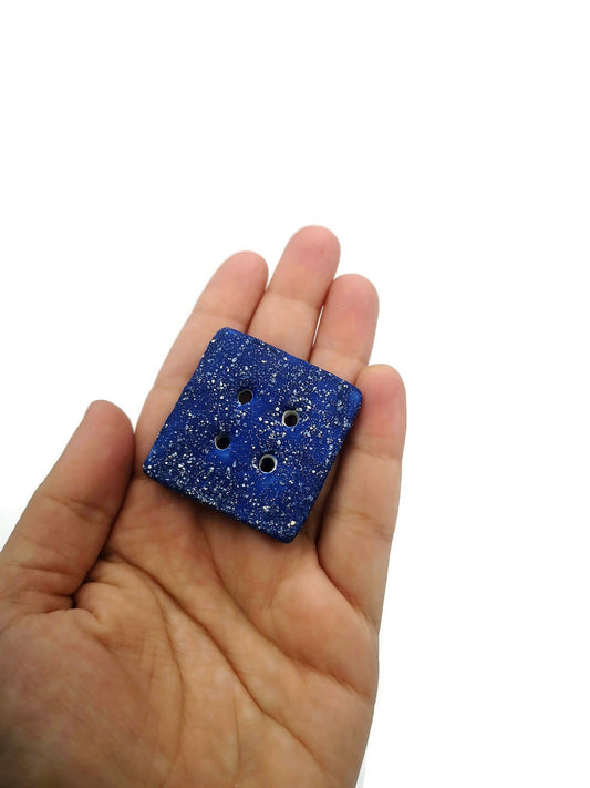 3Pc Extra Large Coat Buttons 40mm, Sparkly Blue Novelty Square Handmade Ceramic Sewing Supplies And Notions, Sewing Buttons For Blouse - Ceramica Ana Rafael