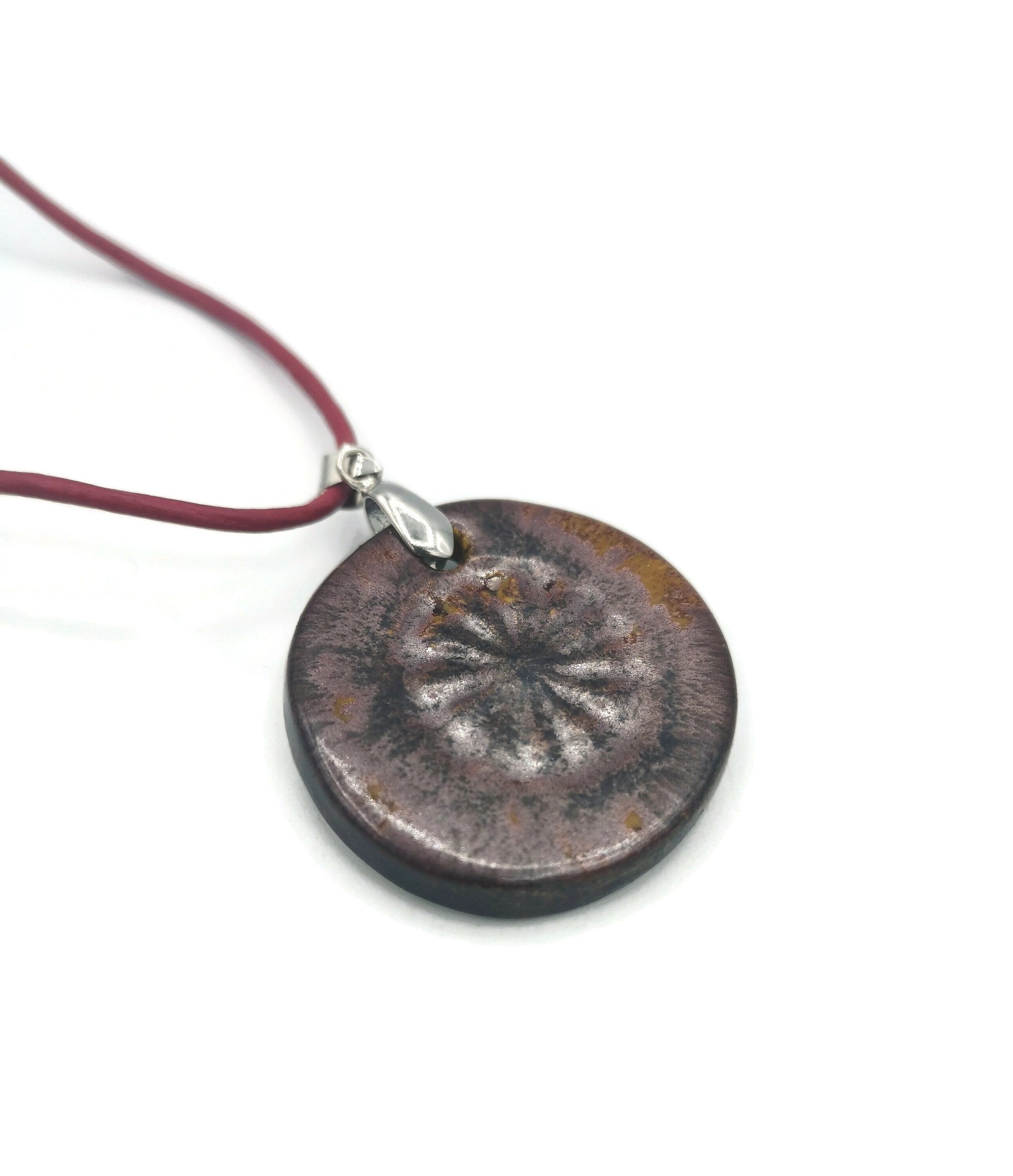 1Pc 40mm Extra Large Handmade Ceramic Necklace Pendant For Jewelry Making With Cooper Tones Poppy Design, Unique Clay Charm - Ceramica Ana Rafael