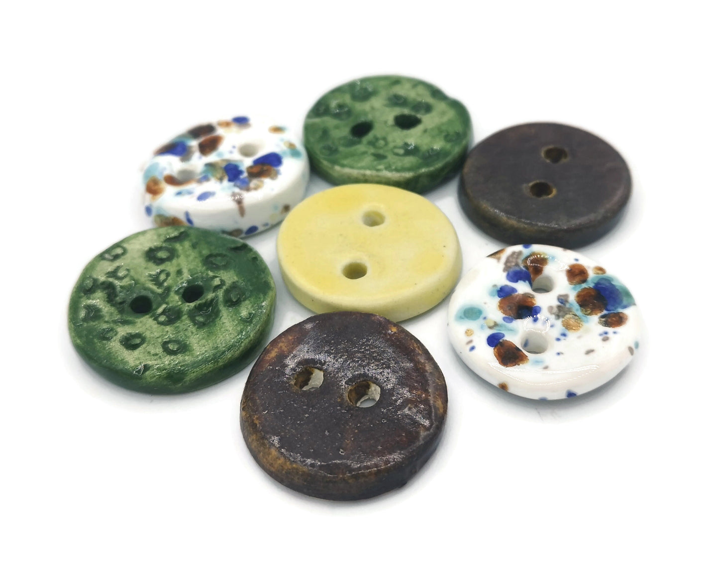 7Pc 30mm Round Buttons Set, Coat buttons, Handmade Ceramic Clothing Finishes Sewing Buttons Lot, Unusual Clay Buttons Hand Painted - Ceramica Ana Rafael