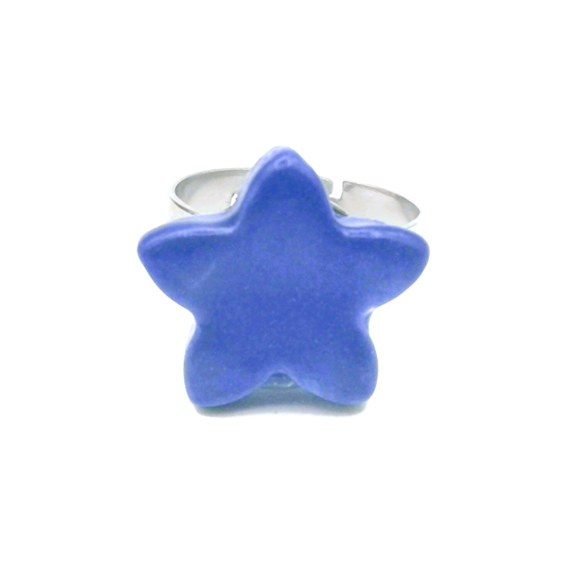 Handmade Ceramic Blue Star Statement Ring For Women, Stainless Steel Adjustable Ring, Porcelain Best 9th Anniversary Gifts For Her - Ceramica Ana Rafael