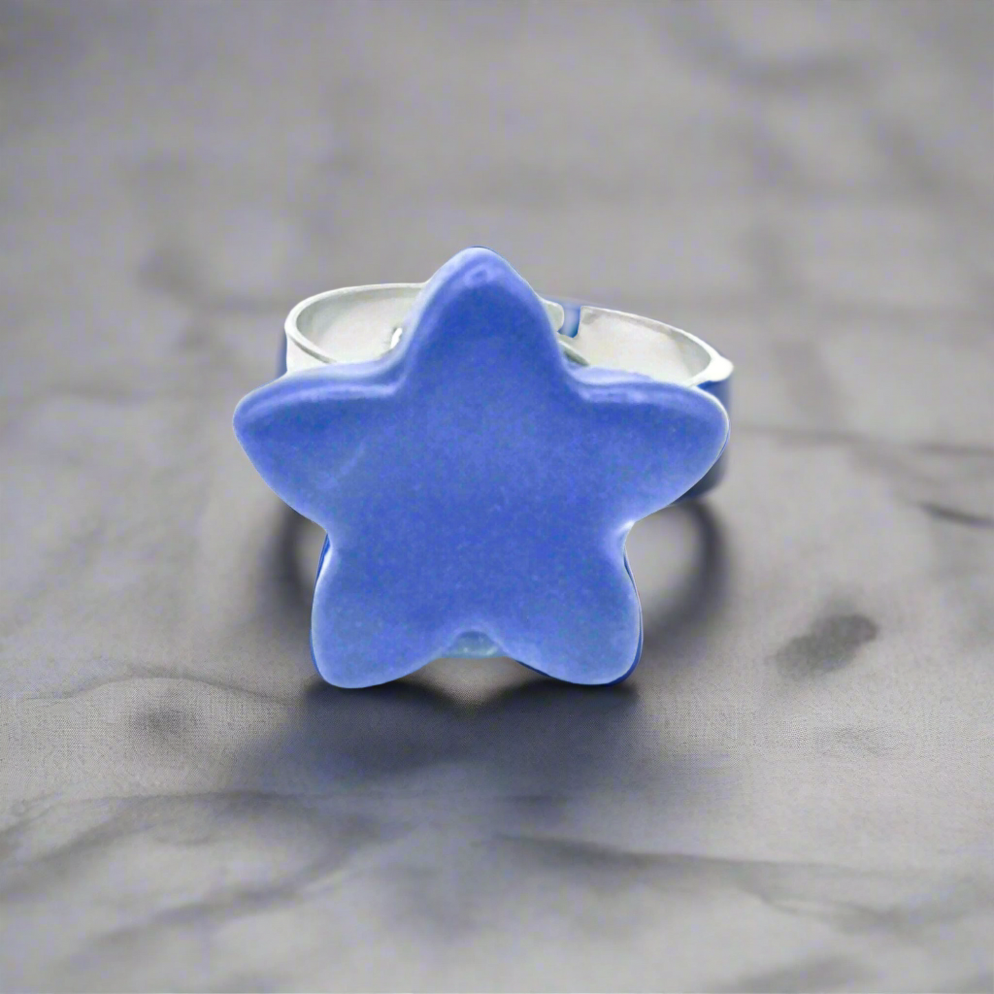 Handmade Ceramic Blue Star Statement Ring – Stainless Steel Adjustable