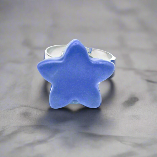 Handmade Ceramic Blue Star Statement Ring – Stainless Steel Adjustable