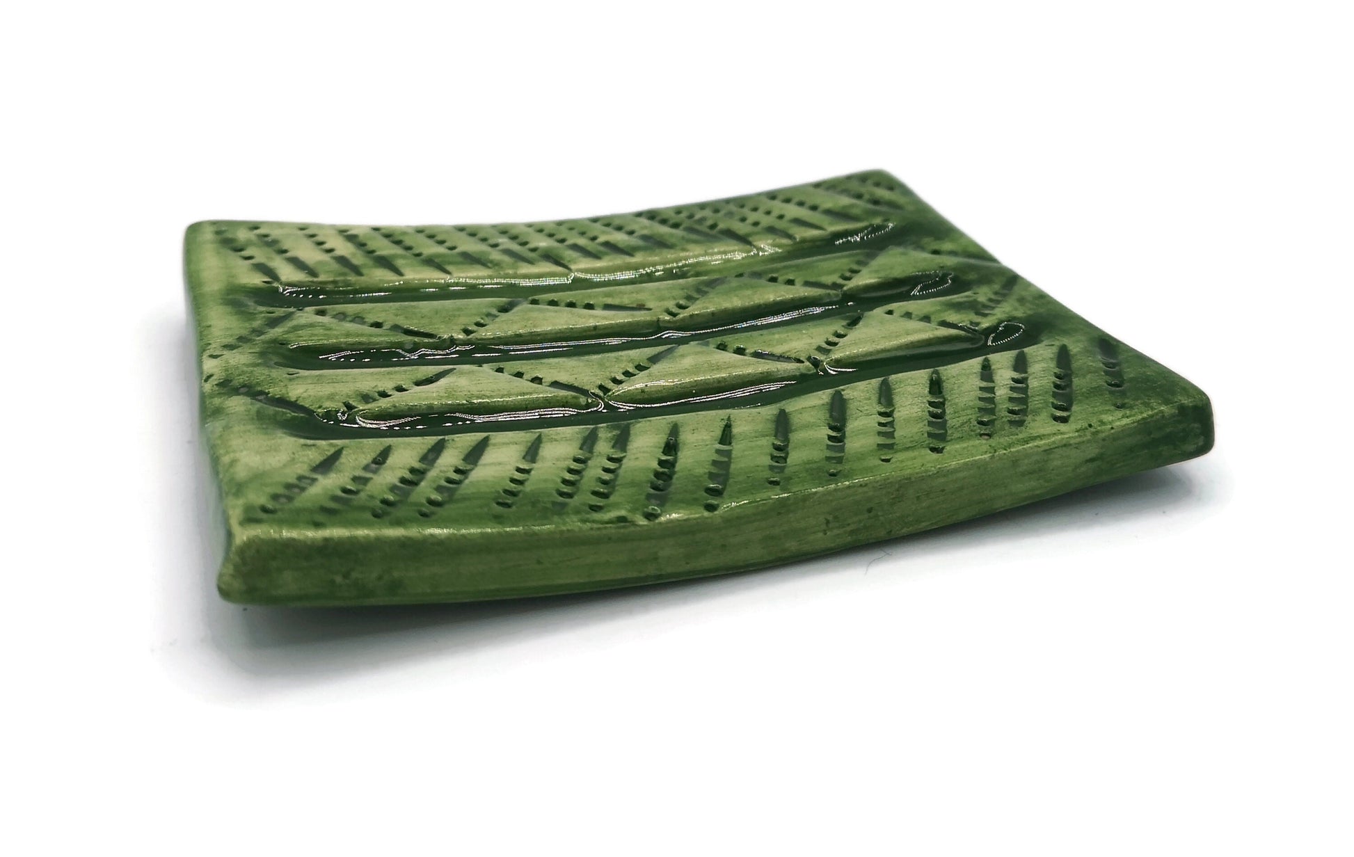 Green Handmade Ceramic Soap Dish Textured, Rectangle Clay Soap Bar Holder With Drain For Bathroom, Zero Waste Pottery Sponge Holder - Ceramica Ana Rafael
