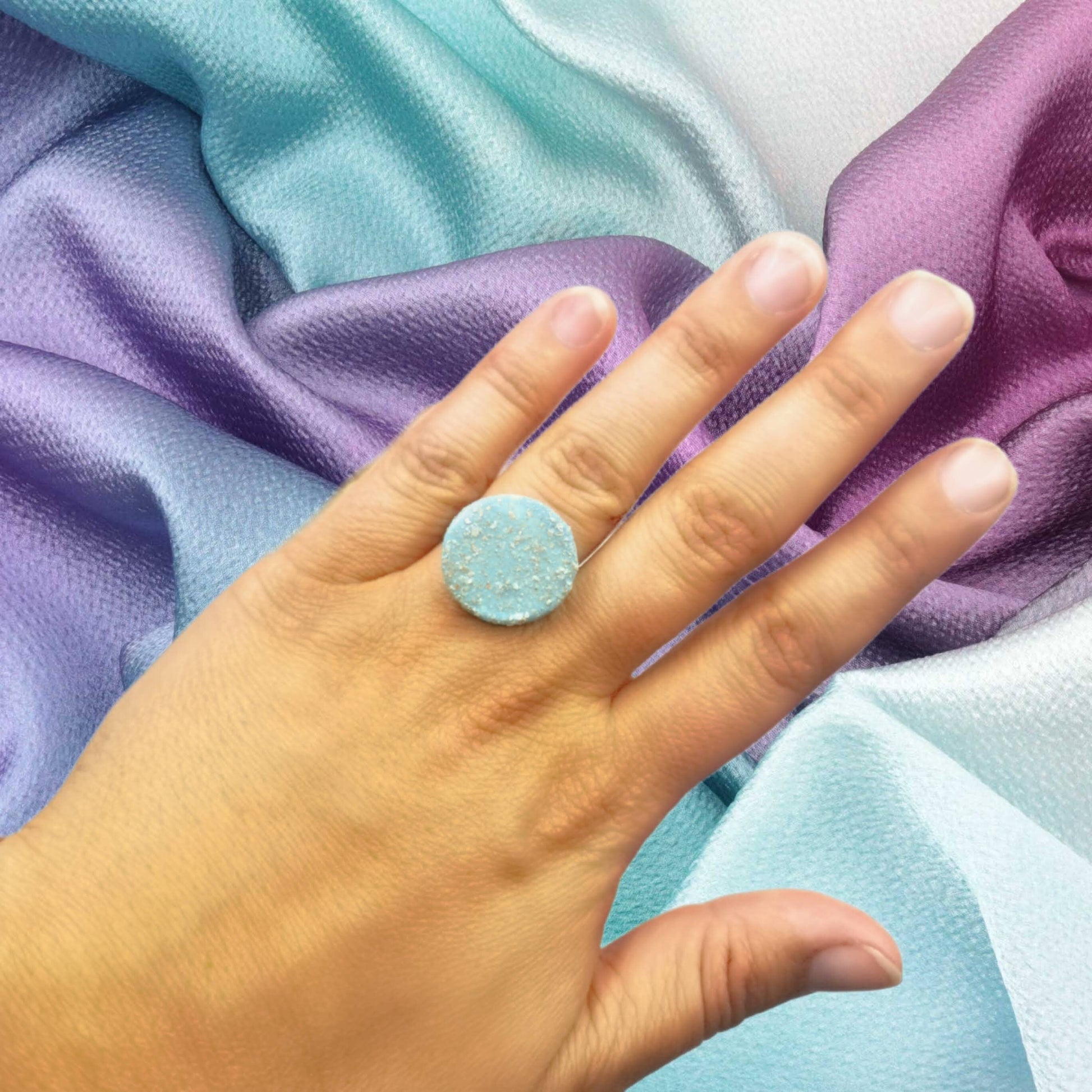 Handmade Ceramic Sparkly Turquoise Blue Ring For Women, Unique Stainless Steel Adjustable Ring, Porcelain Best 9th Anniversary Gifts For Her - Ceramica Ana Rafael