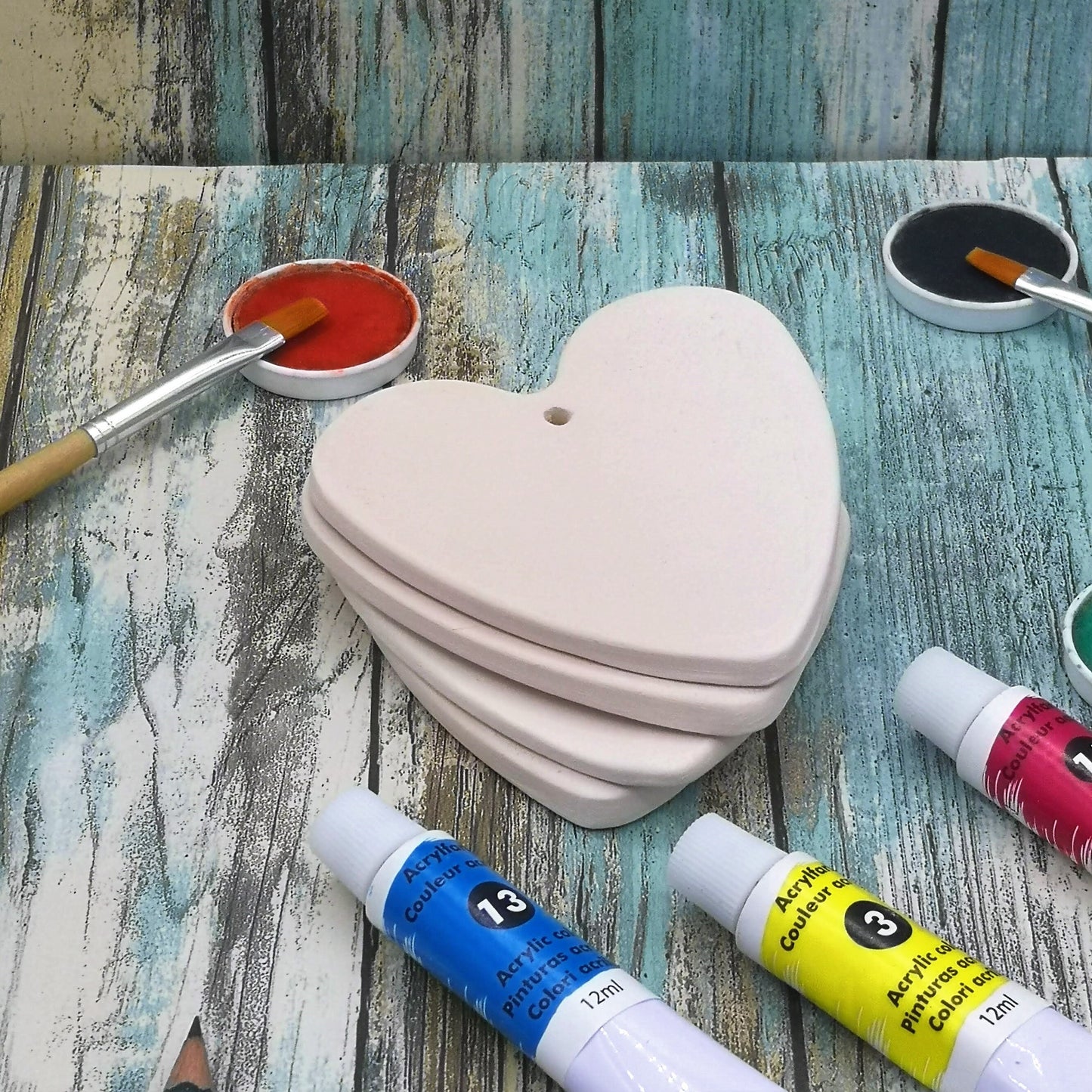 Blank Heart Charm, 4 Pc Handmade Ceramic Bisque Heart Shapes To Hang, Unpainted Diy Craft Kit For Valentines Day Ready To Paint - Ceramica Ana Rafael