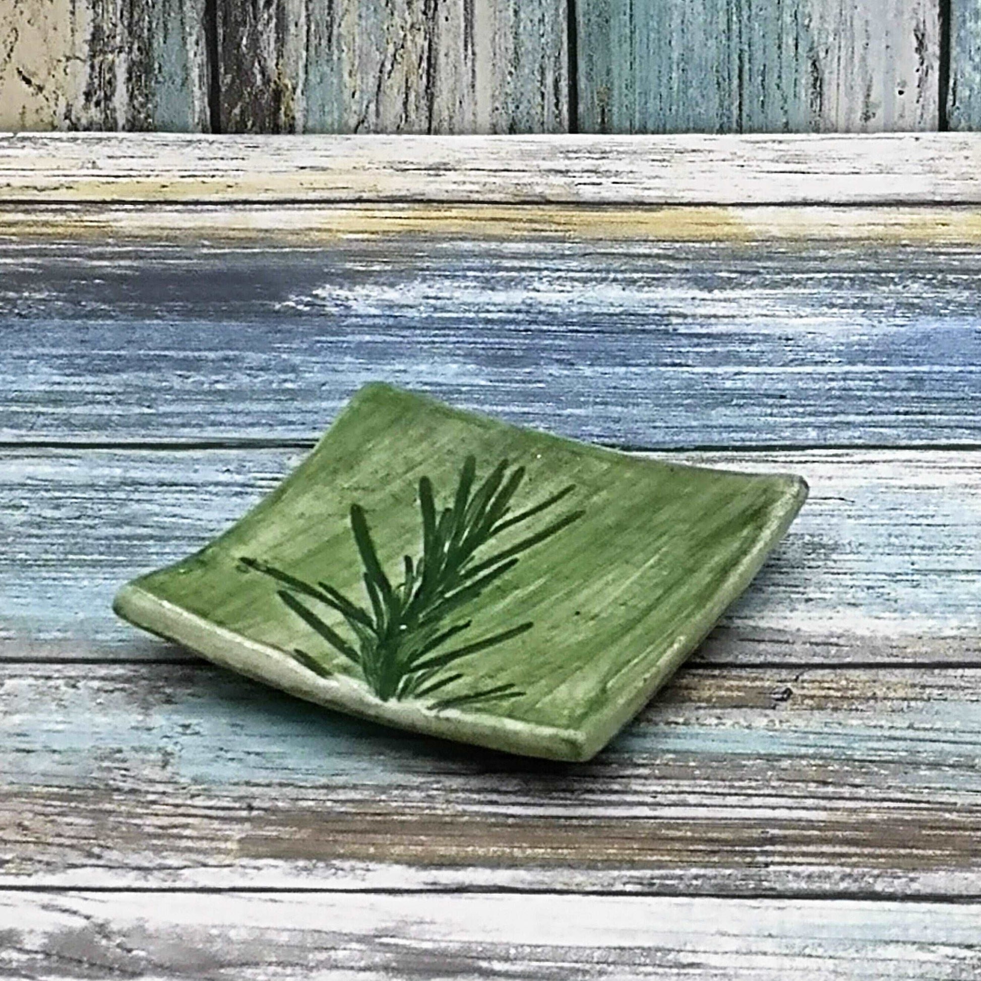 1Pc Clay Ring Dish, Plant Lovers Birthday Gifts, square ceramic trinket dish, 9th-anniversary gift, Sage Flower or Rosemary Leaves Design