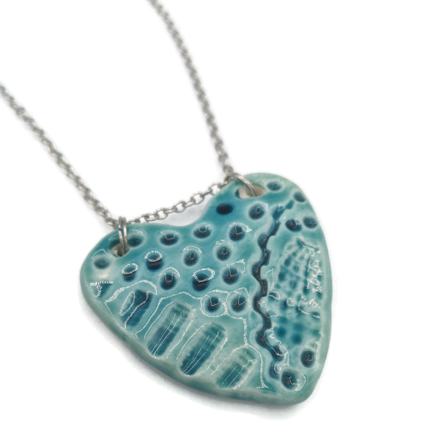 Handmade Ceramic Blue Heart Necklace Pendant For Women, Best Valentines Day Gift For Her, Boho Artisan Statement Jewelry For Wedding - Ceramica Ana Rafael