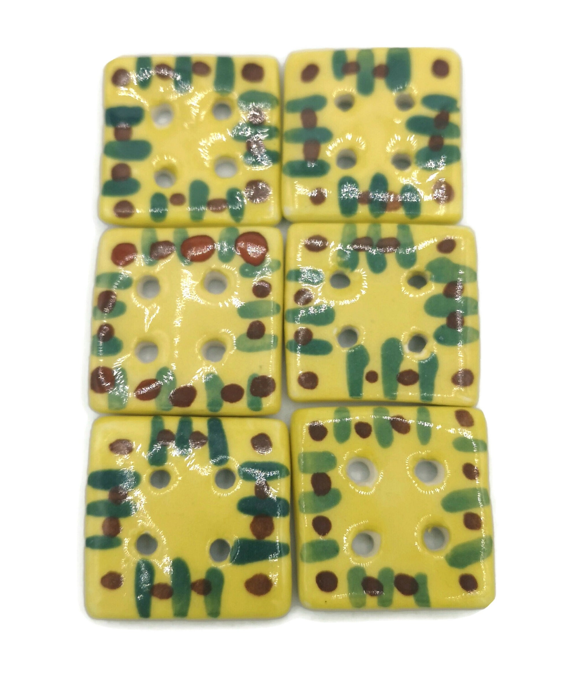 6Pc 30mm Extra Large Square Sewing Buttons Hand Painted, Handmade Ceramic Novelty Buttons For Coat Or Crafts, Yellow Custom Buttons - Ceramica Ana Rafael