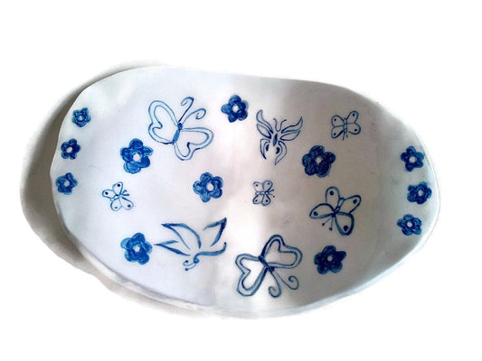 Handmade Ceramic Fruit Bowl, Large Decorative Bowl For Home Decor, White Bowl With Hand Painted Butterflies and Flowers - Ceramica Ana Rafael