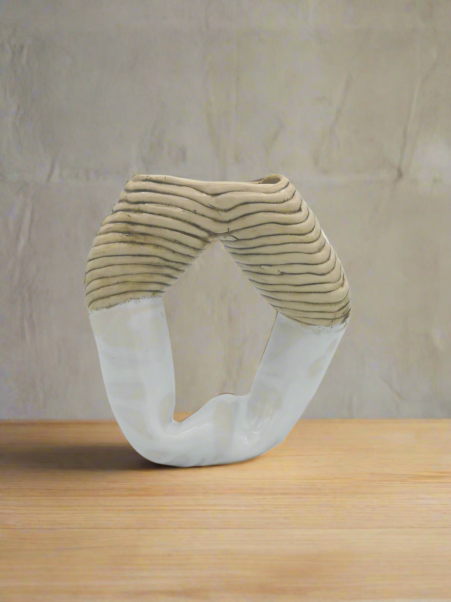 Mid-Century Modern Vase – Handmade Ceramic Sculpture, Textured Beige and White Organic Art