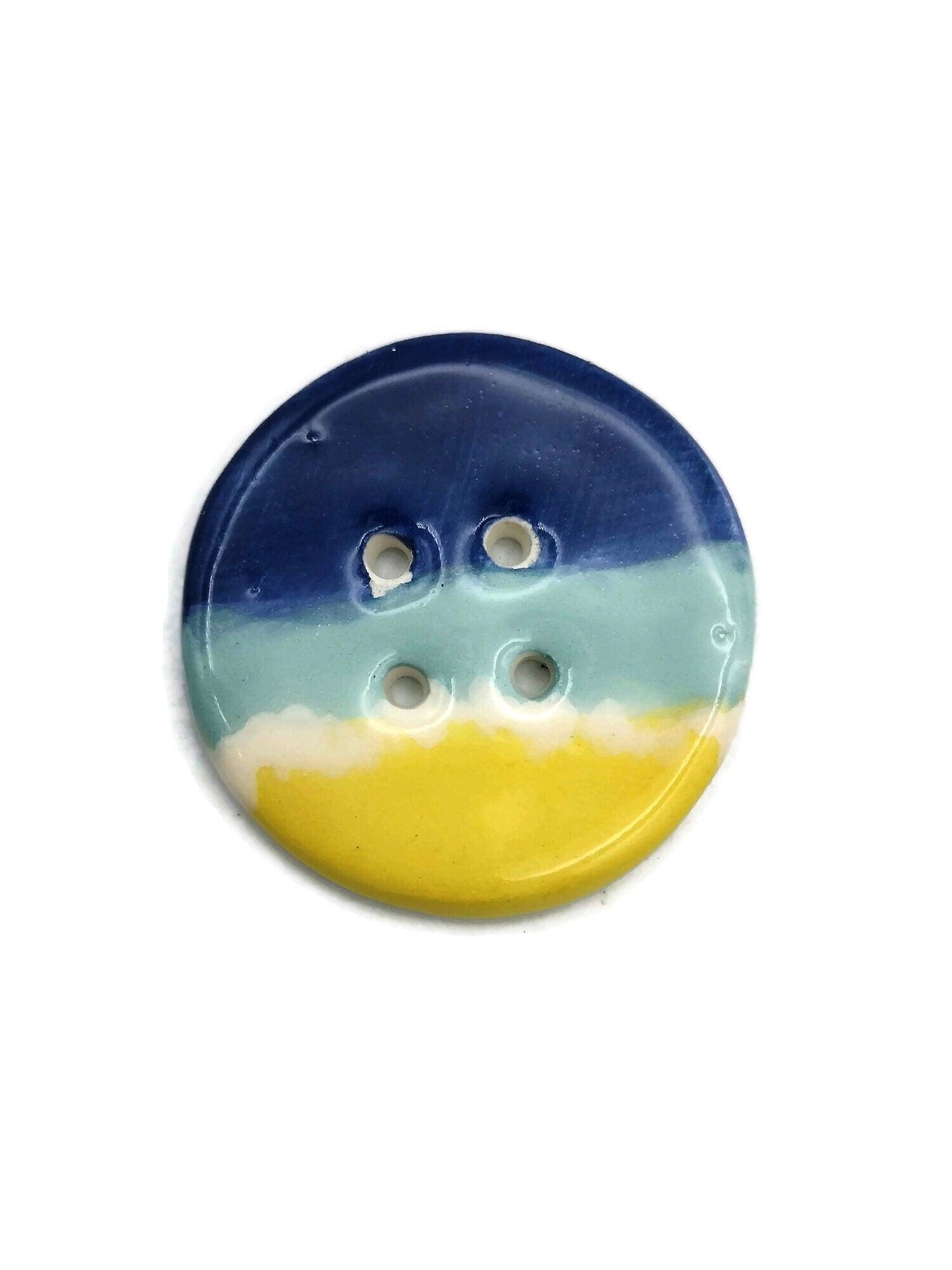 1Pc Handmade Ceramic Extra Large Buttons, Blue And Yellow Decorative Sewing Supplies And Notions, 4 Holes Novelty Beach Themed Coat Buttons - Ceramica Ana Rafael