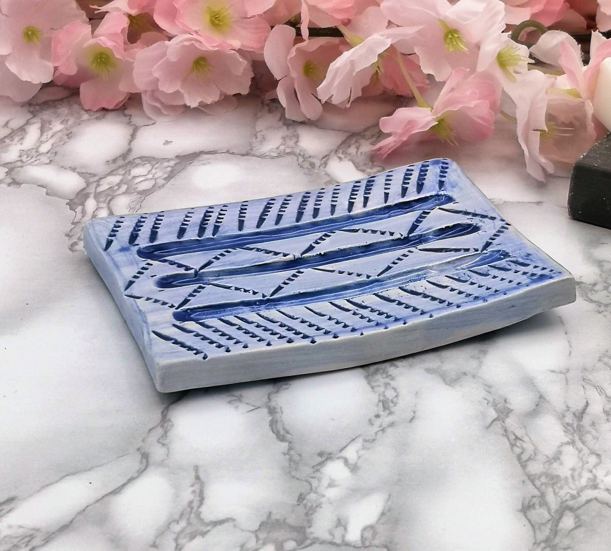 Blue Handmade Ceramic Soap Dish for Shower, Rectangular Sponge Holder, Eco Friendly Shampoo Bar Holder, Sustainable Best Gift For Him - Ceramica Ana Rafael