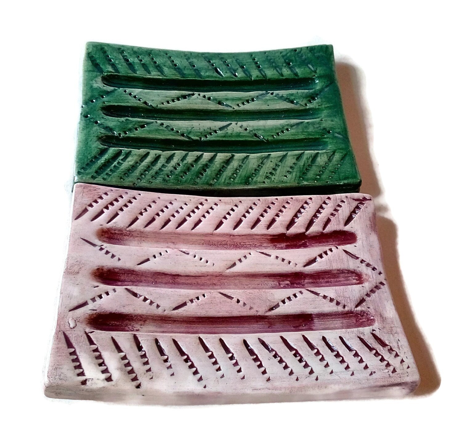 Green Handmade Ceramic Soap Dish Textured, Rectangle Clay Soap Bar Holder With Drain For Bathroom, Zero Waste Pottery Sponge Holder - Ceramica Ana Rafael