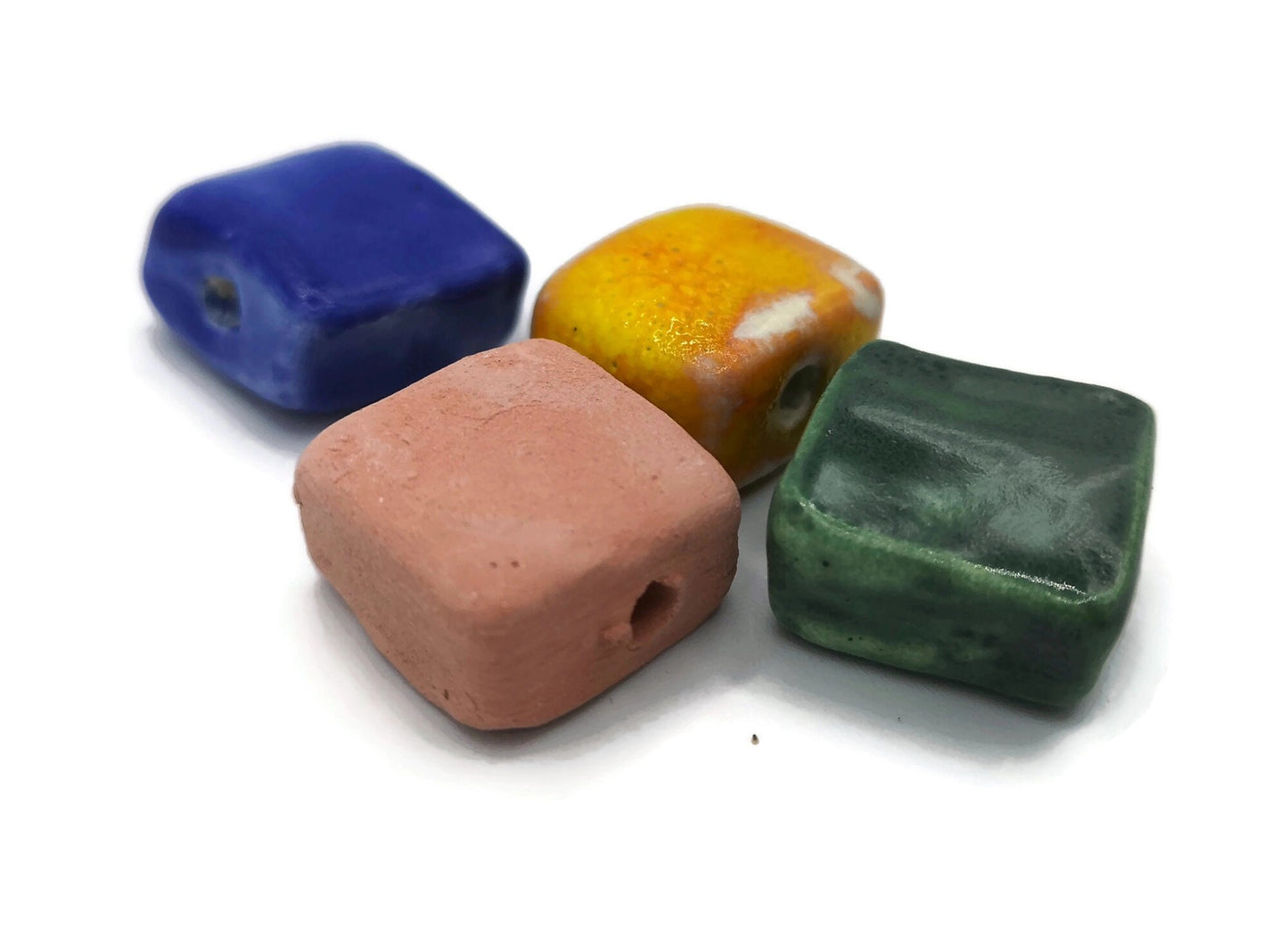 Set Of 4 Assorted Beads, Clay Beads For Crafts, Handmade Ceramic Macrame Beads, Square Shape Large Beads, Unusual Pottery Beads - Ceramica Ana Rafael