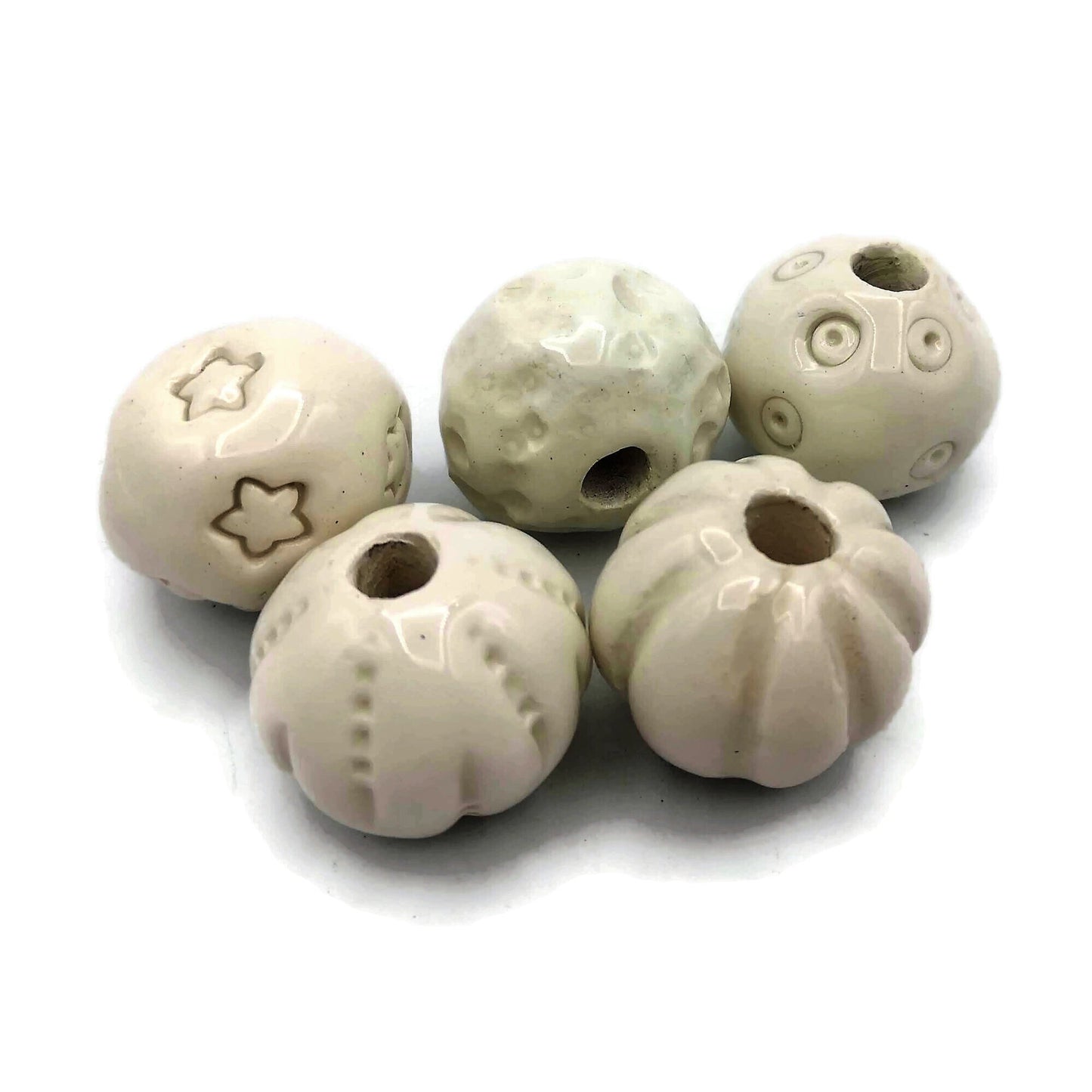 5Pc 30mm Handmade Ceramic Textured Round Beads, Clay Beads for Jewelry Making and Macrame Supplies, Large Hole Beads - Ceramica Ana Rafael