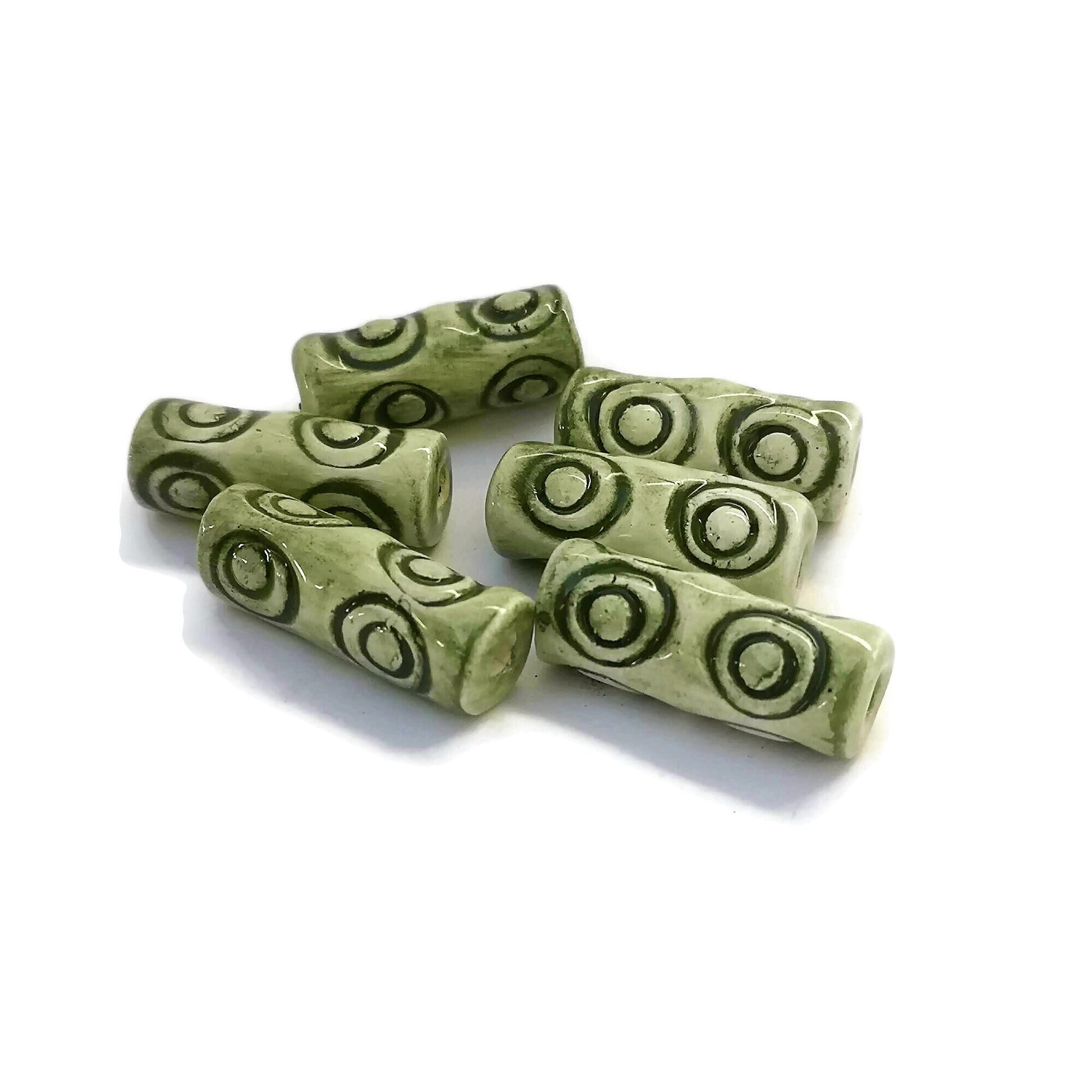 6 Pcs Unique Macrame Beads Large Hole 4 mm, Ceramic Tube Beads 30mm Long For Jewelry Making, Best Sellers Green Clay Beads - Ceramica Ana Rafael